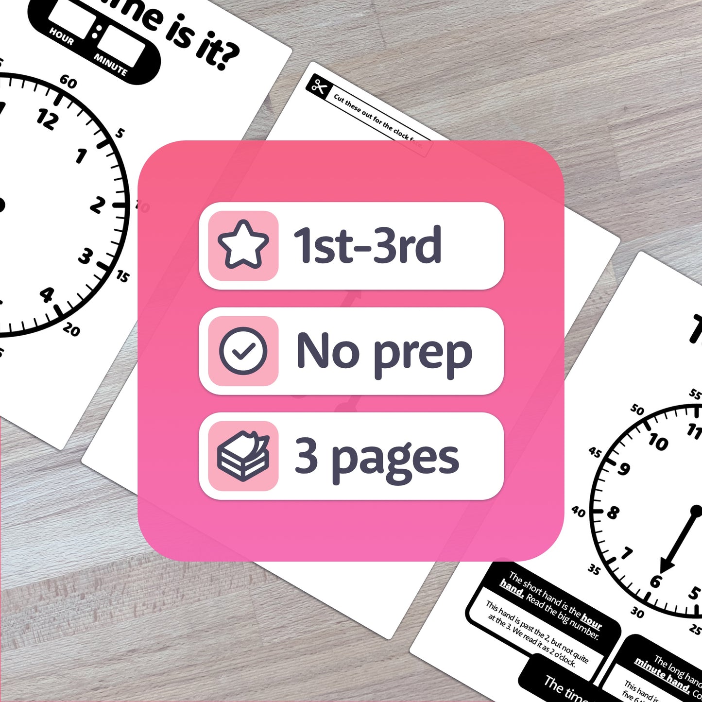 1st grade, 2nd grade, and 3rd grade analog clocks activity