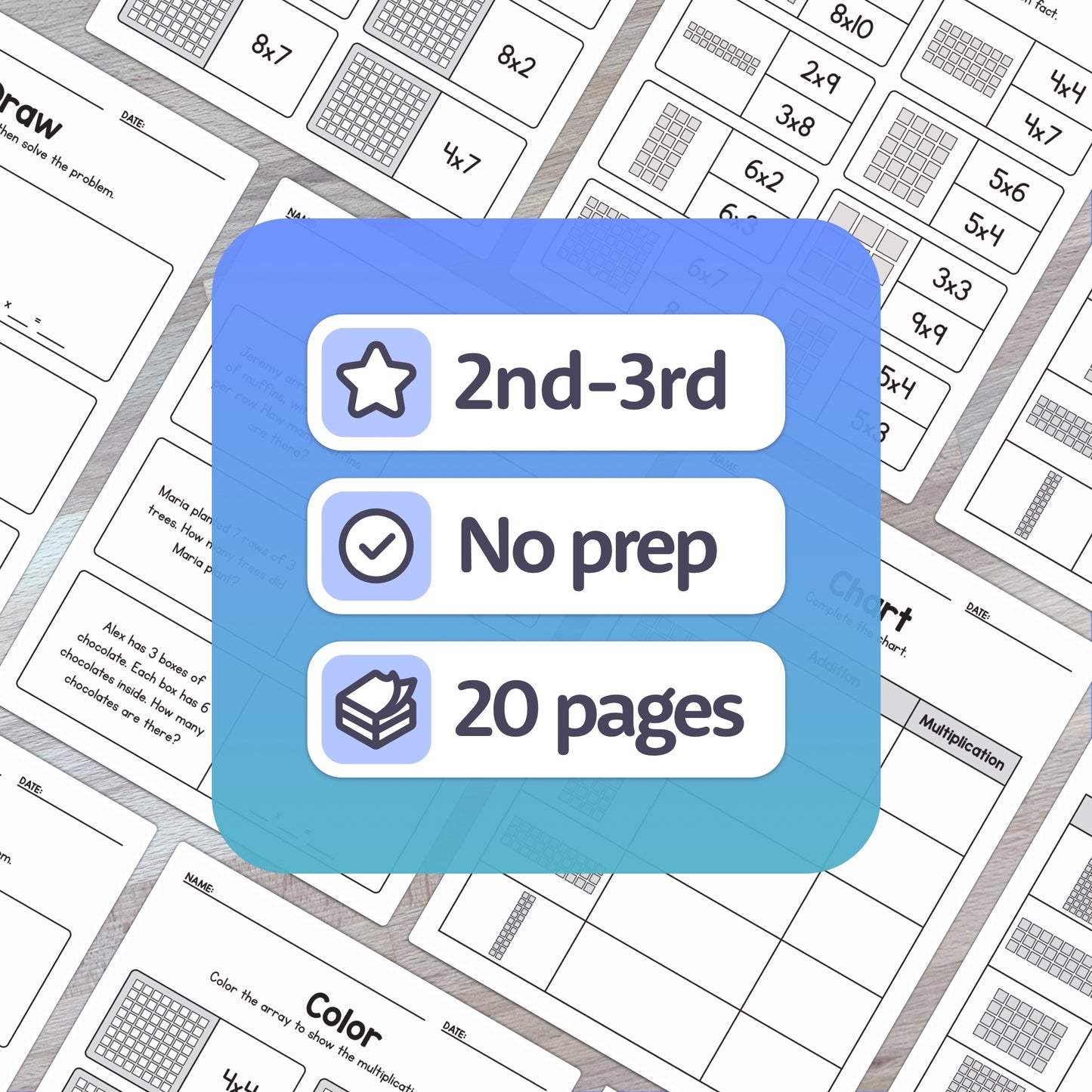 Multiplication Array Worksheets for grades 2-3; set includes 20 pages; no prep.