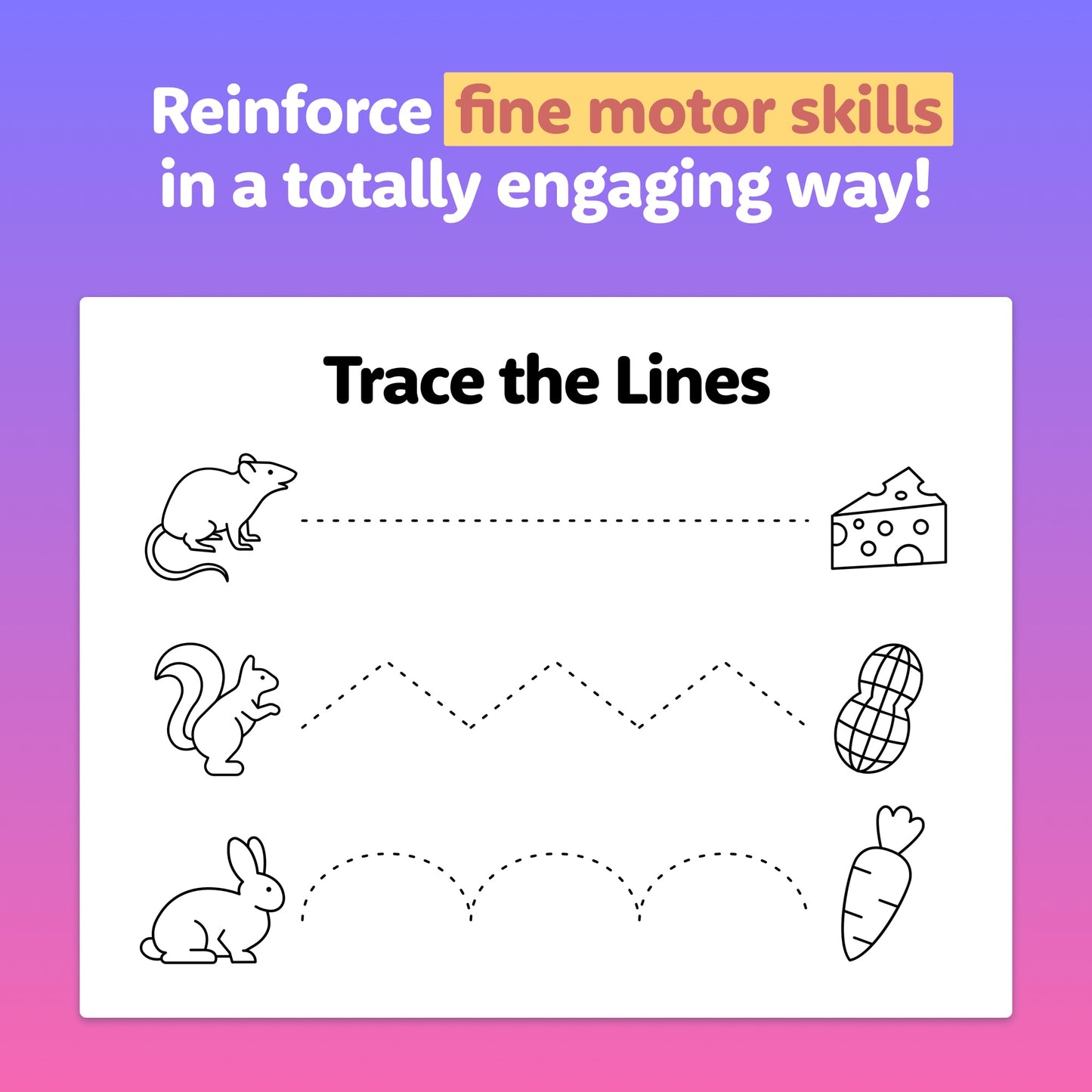 Line tracing activity with animals and their corresponding food items.