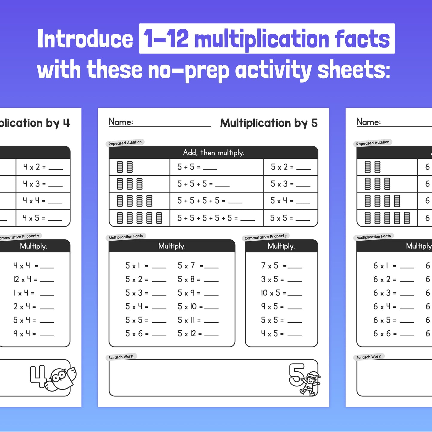 Three worksheets for practicing multiplication by 4, 5, and 6.