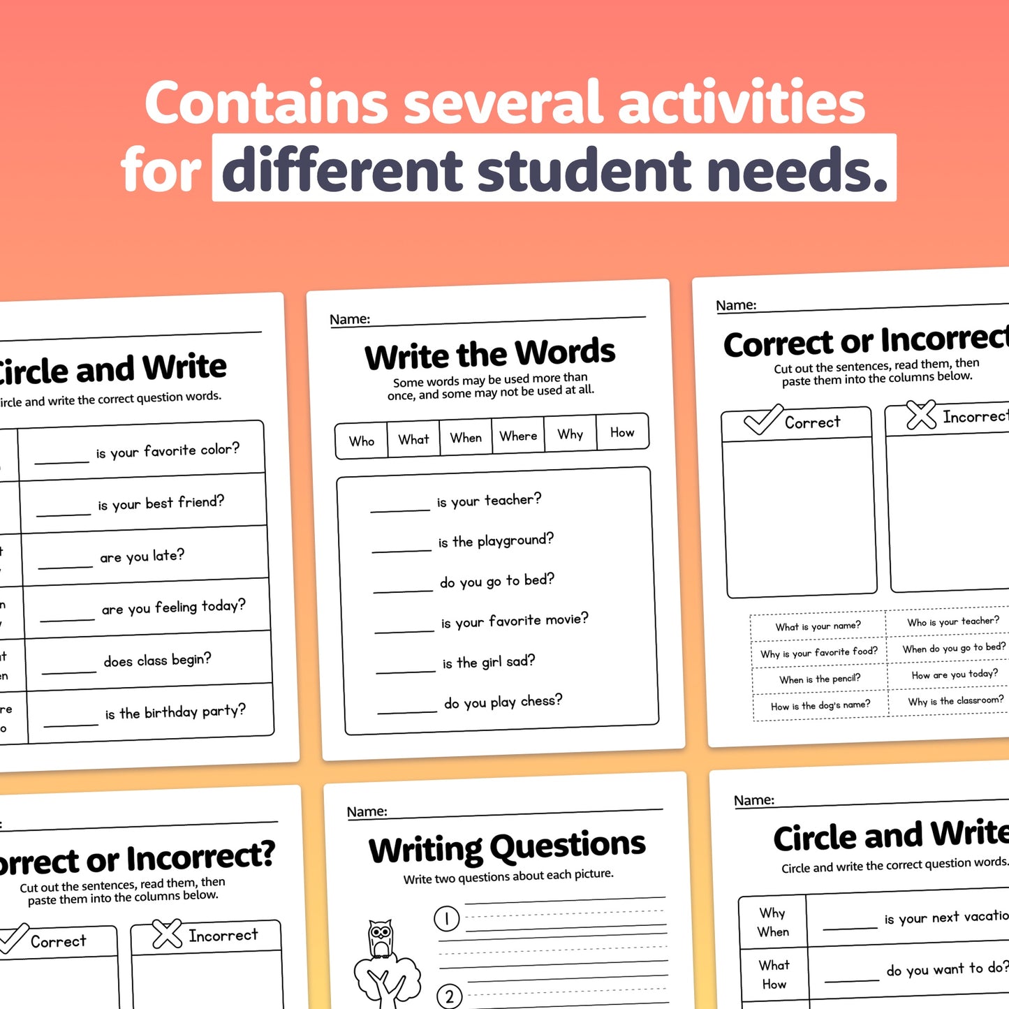 Worksheets with activities focusing on various question words.