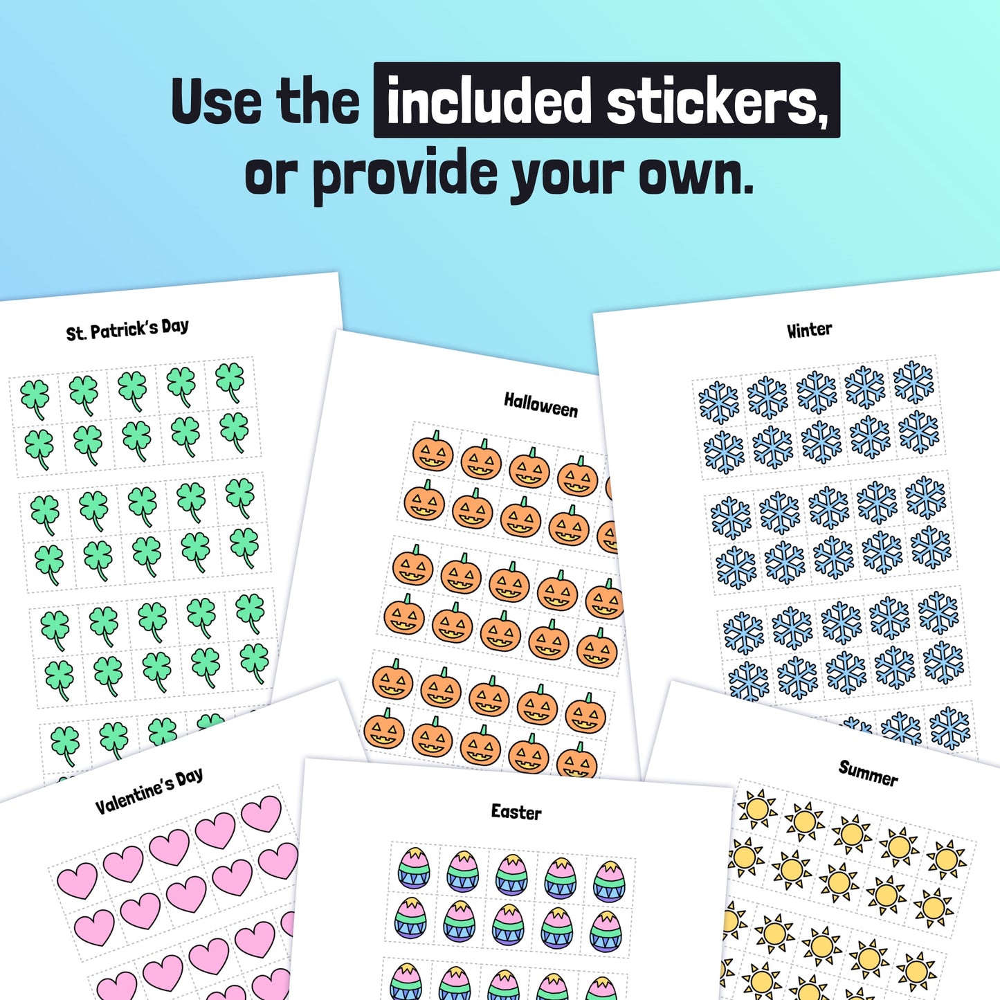 Sticker sheets with Ten Frame Calendar themes: St. Patrick's Day, Halloween, Winter.