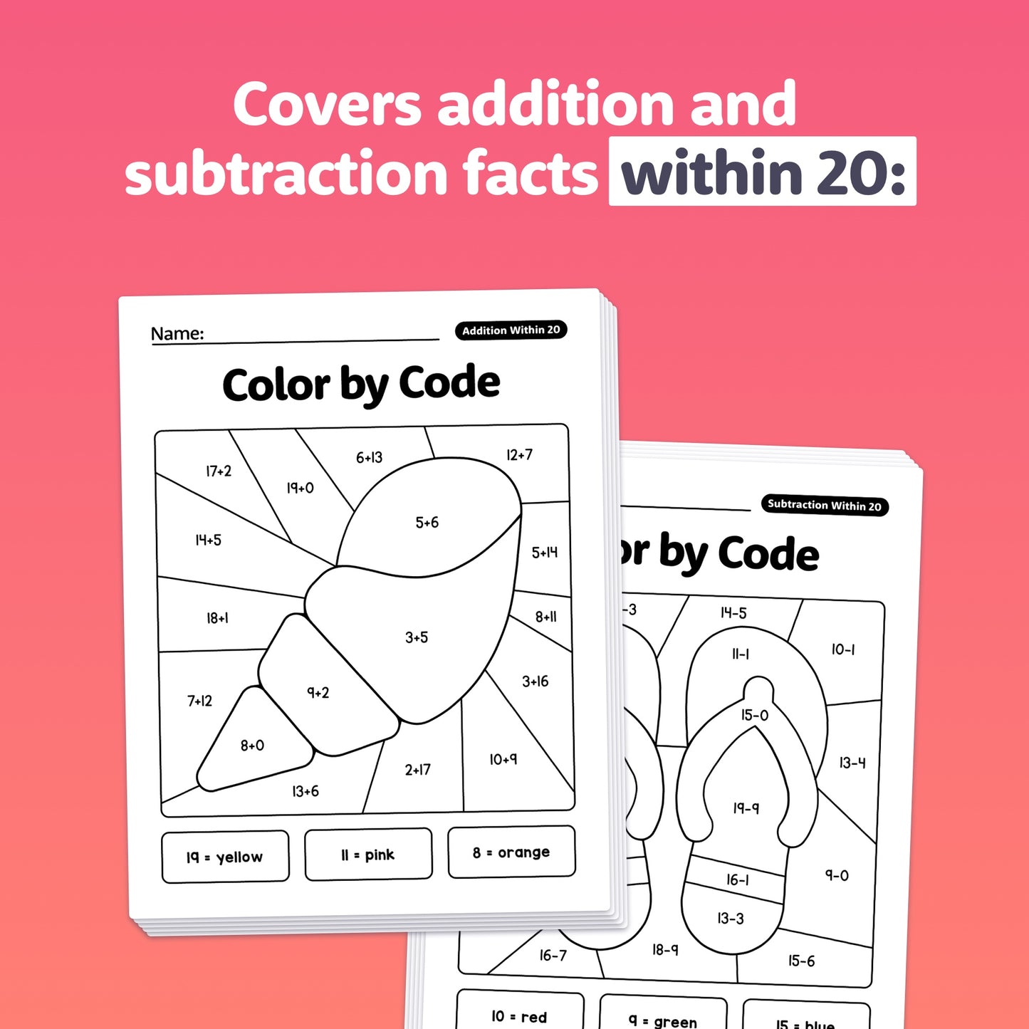 Add and Subtract worksheets for practicing addition and subtraction within 20.