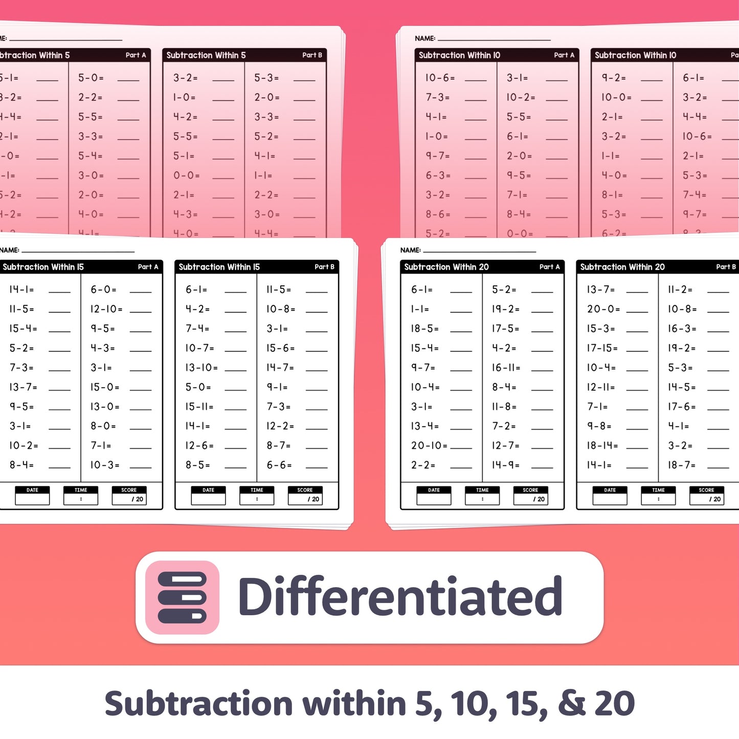 Worksheets with subtraction problems within 5, 10, 15, and 20.