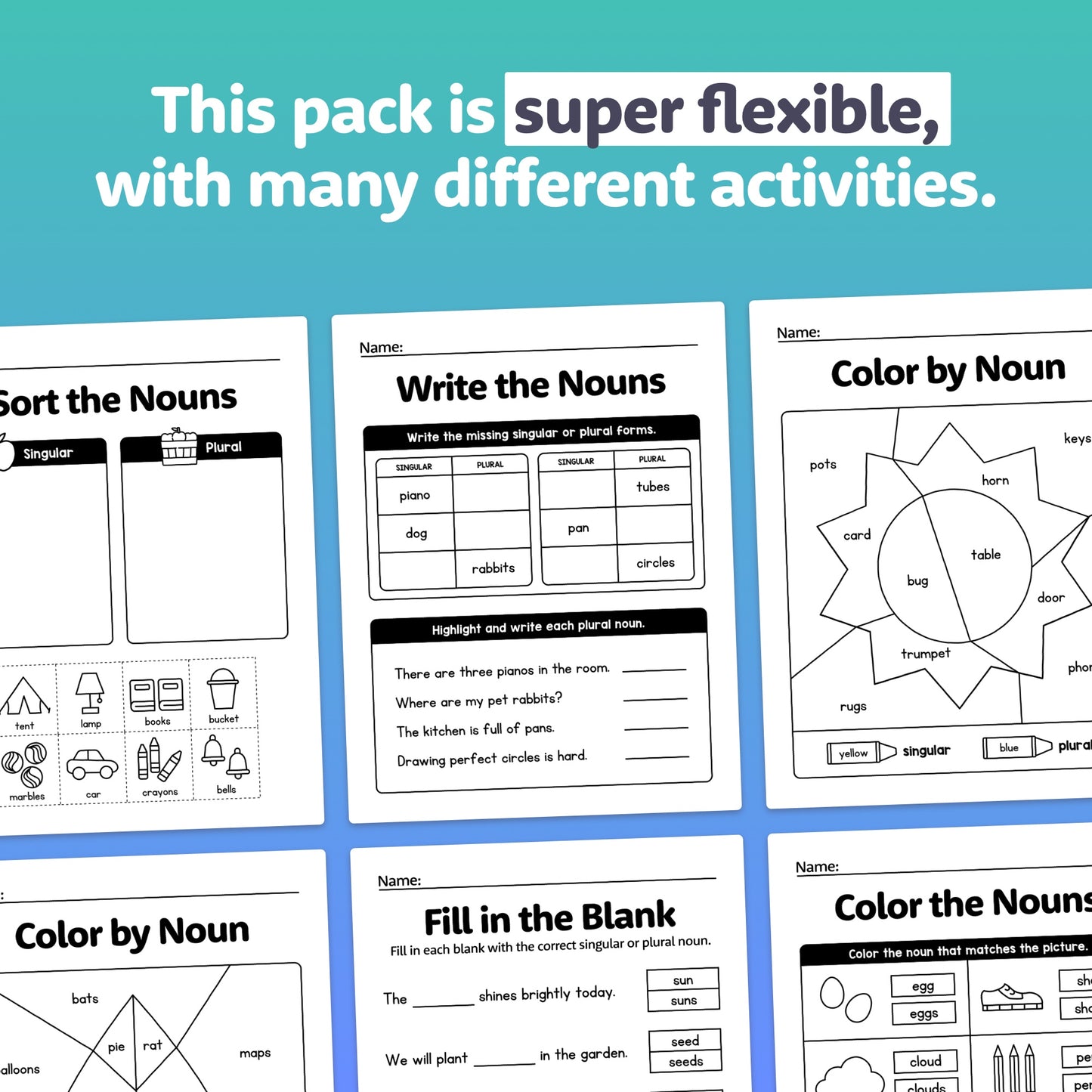 Worksheets with various noun activities on singular and plural nouns.