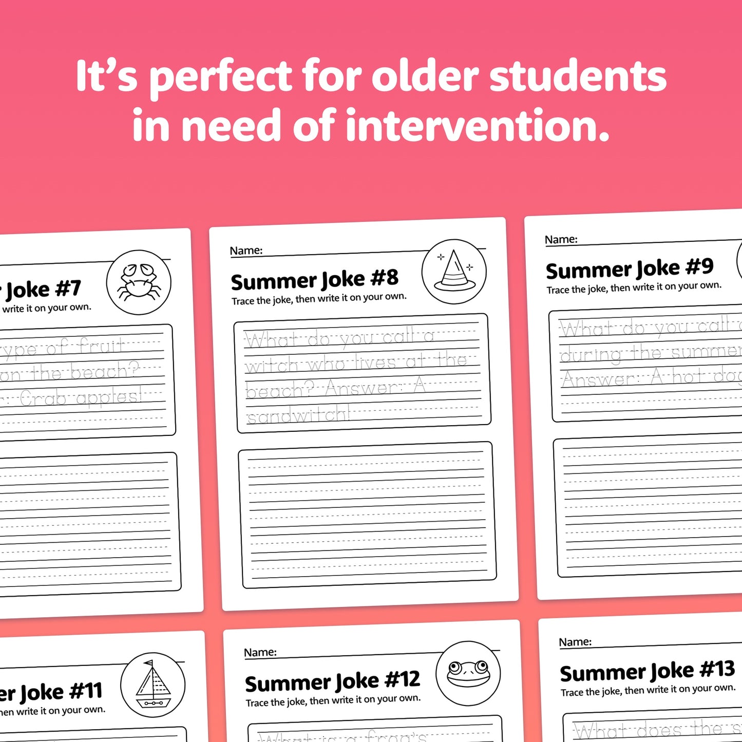 Worksheets titled "Summer Handwriting Worksheets" with jokes and tracing space.