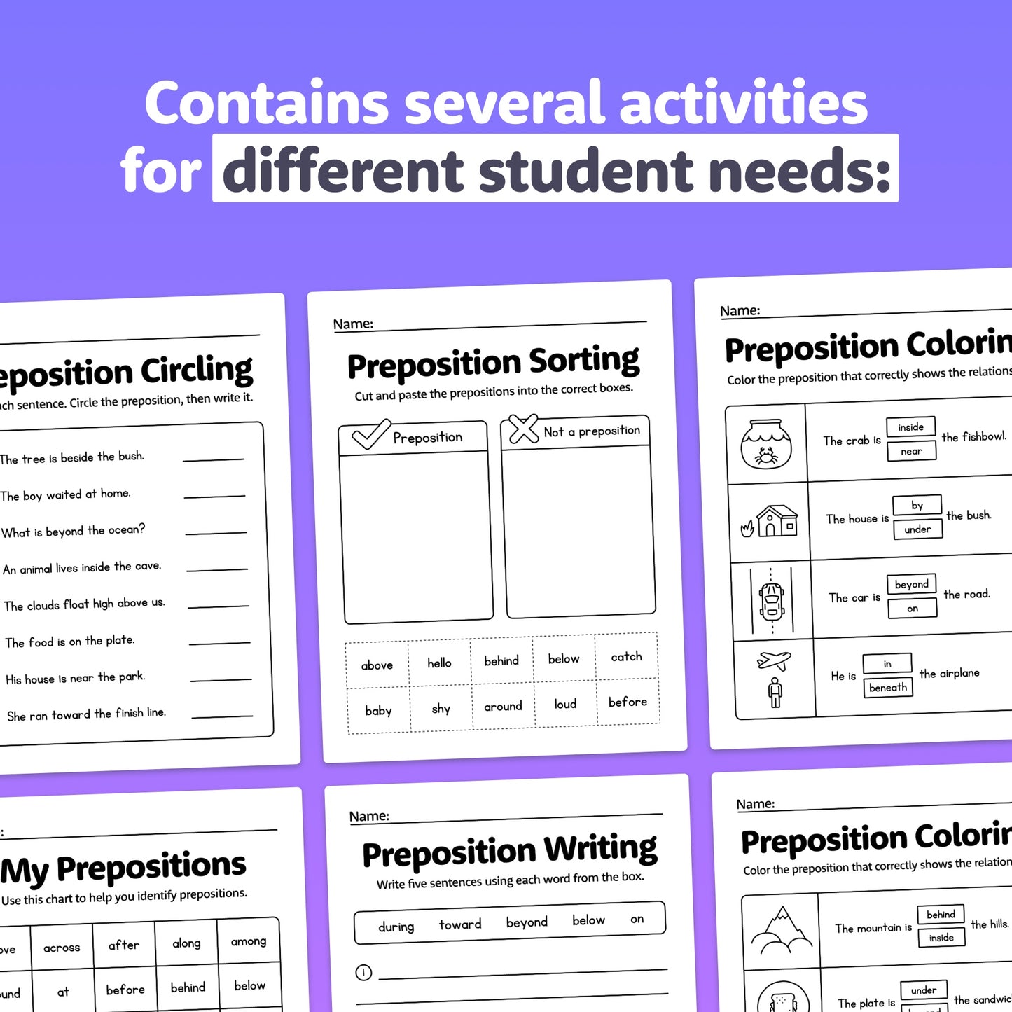 Prepositions worksheets with sorting, coloring, and writing activities for students.