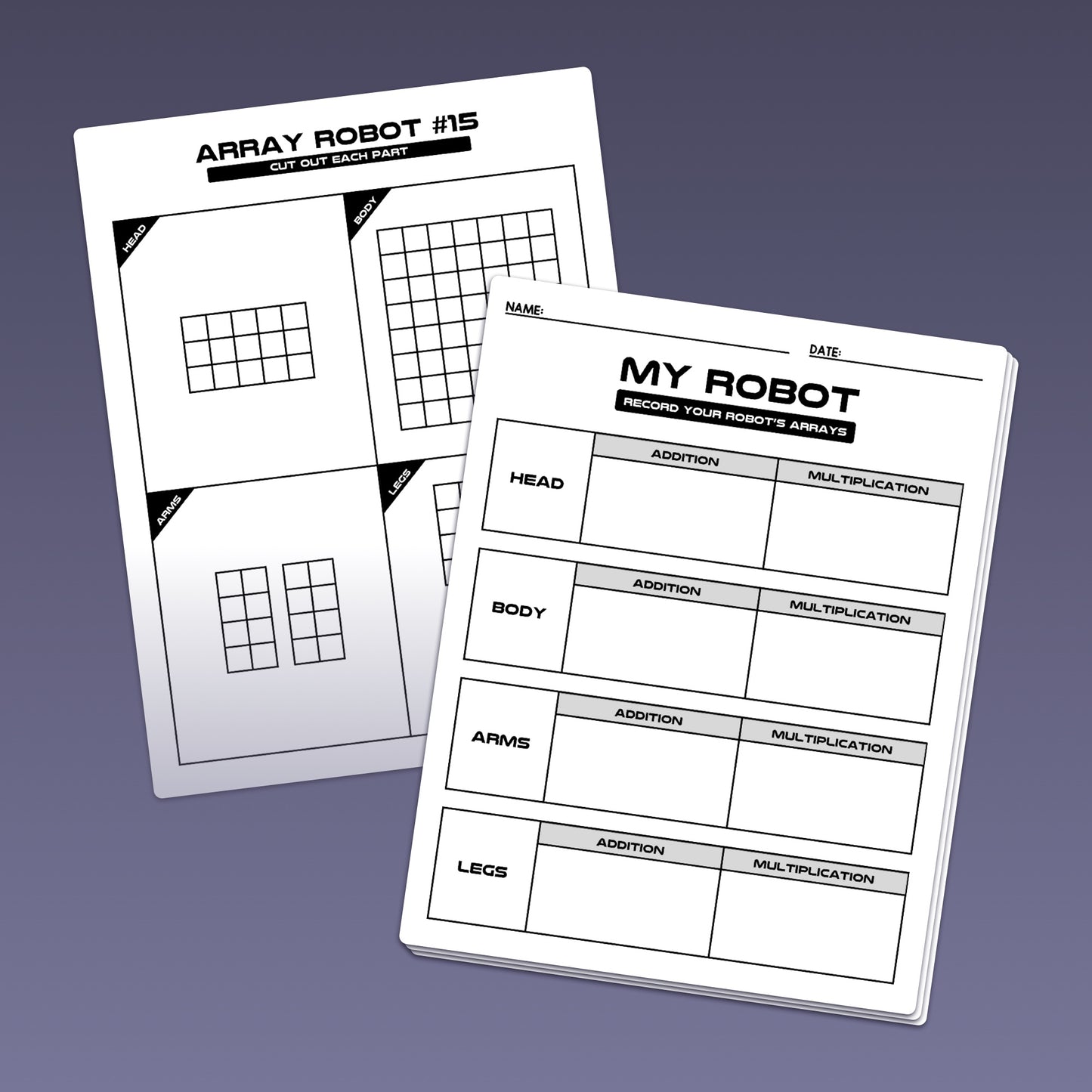 Two robotics-themed worksheets focused on addition and multiplication problems.