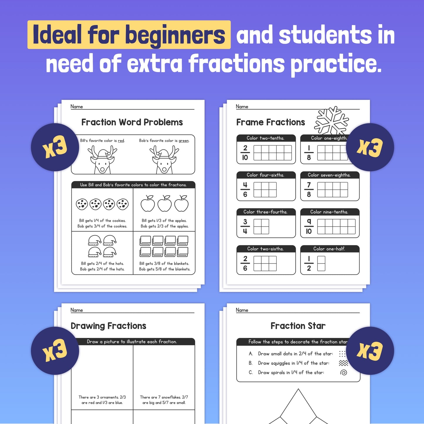 Winter fraction worksheets with word problems, number frames, and drawing exercises.