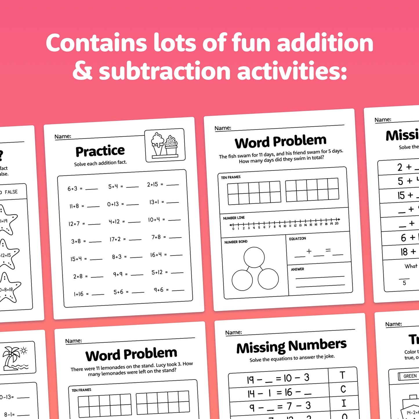 Collection of worksheets with addition and subtraction problems up to 20.
