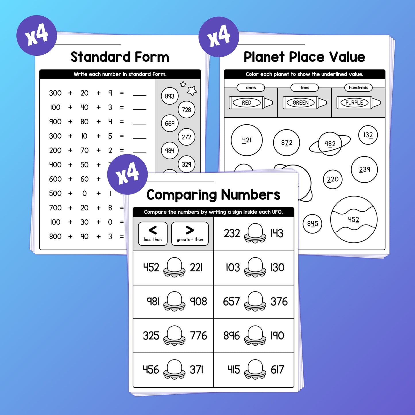 Four worksheets focusing on standard form, place value, and comparing numbers.