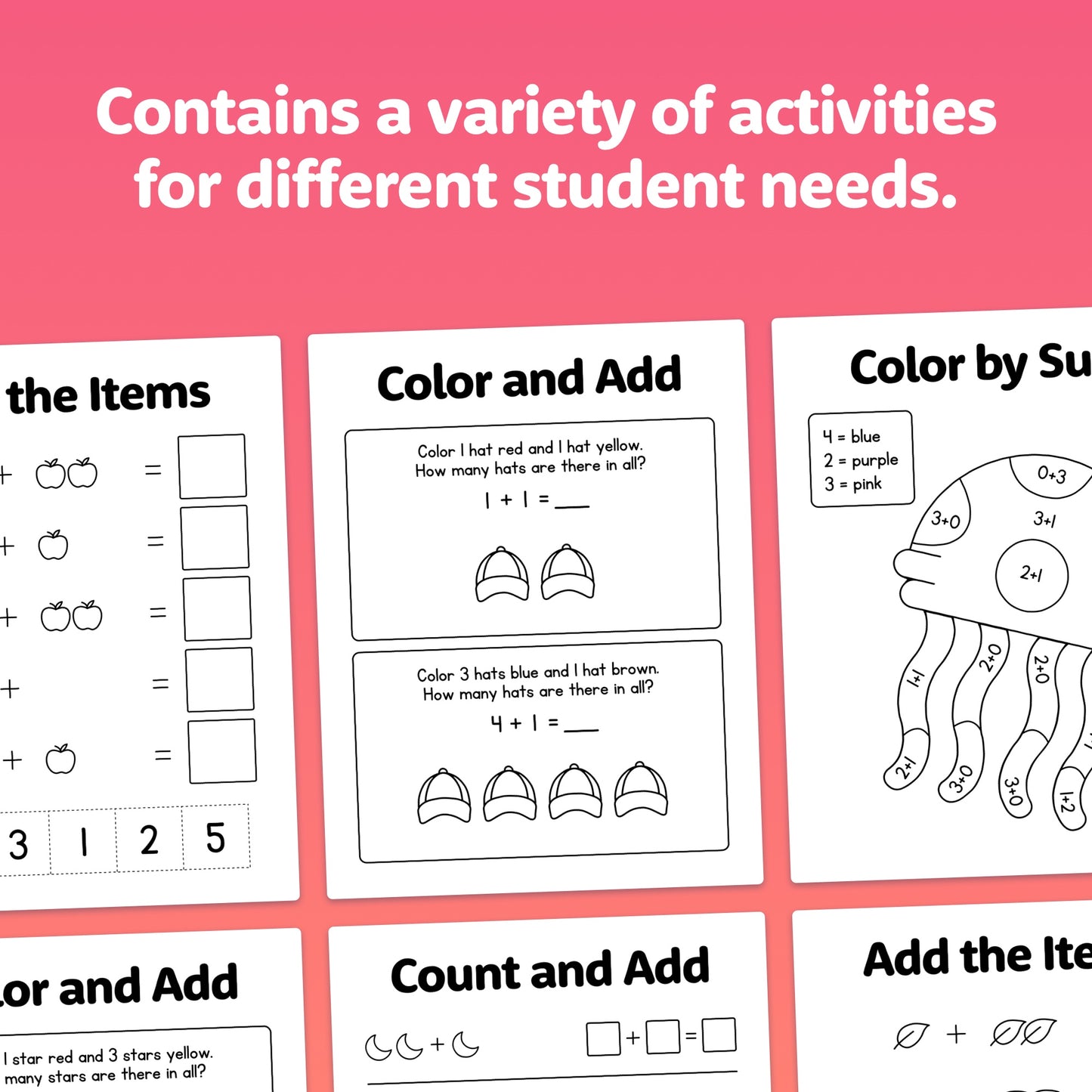 Differentiated addition worksheets for pre-k