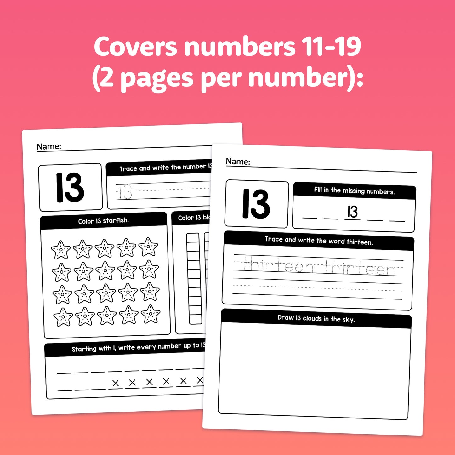 Two worksheets for practicing the number 13.