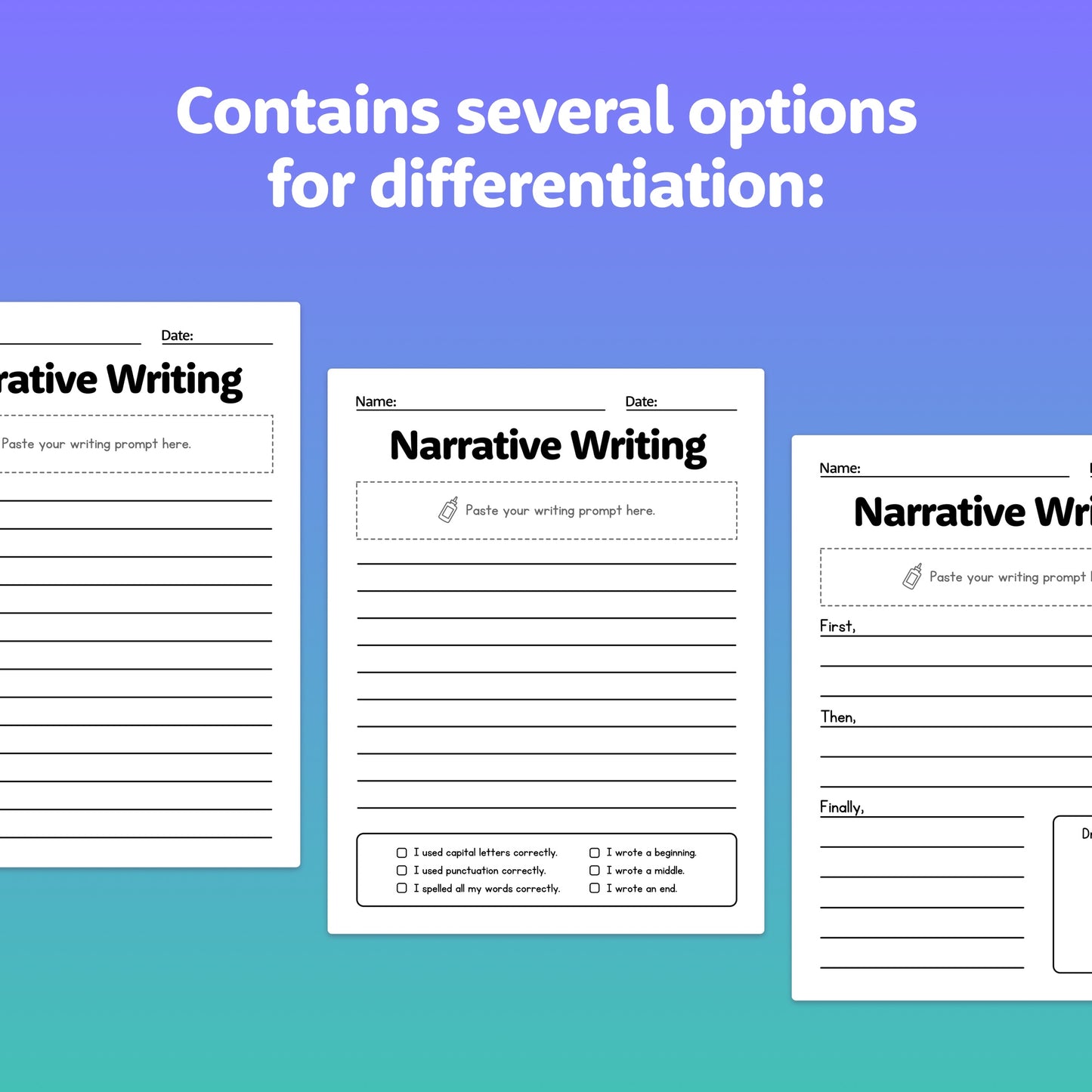 Three worksheets with narrative writing prompts and checklists.