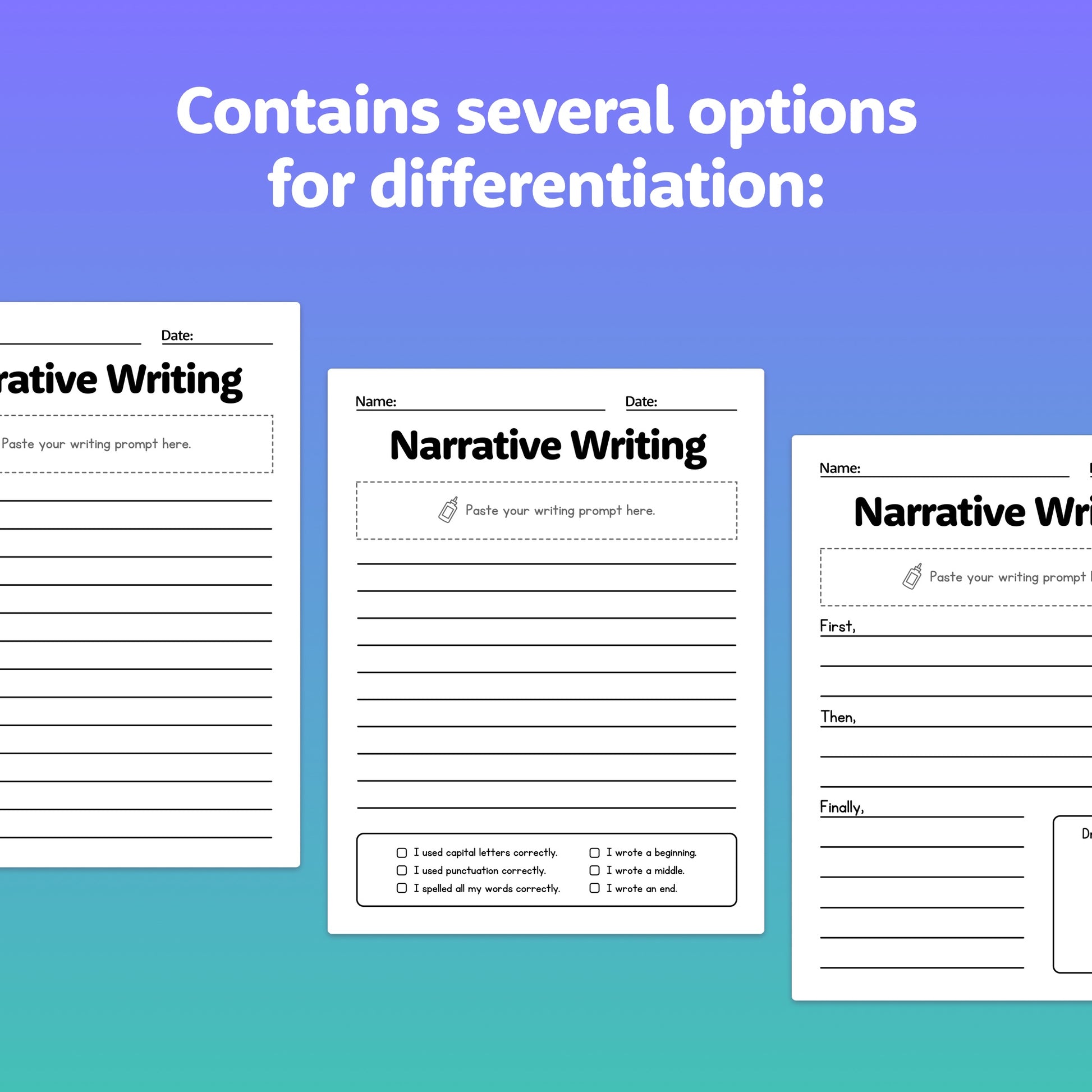 Three worksheets with narrative writing prompts and checklists.