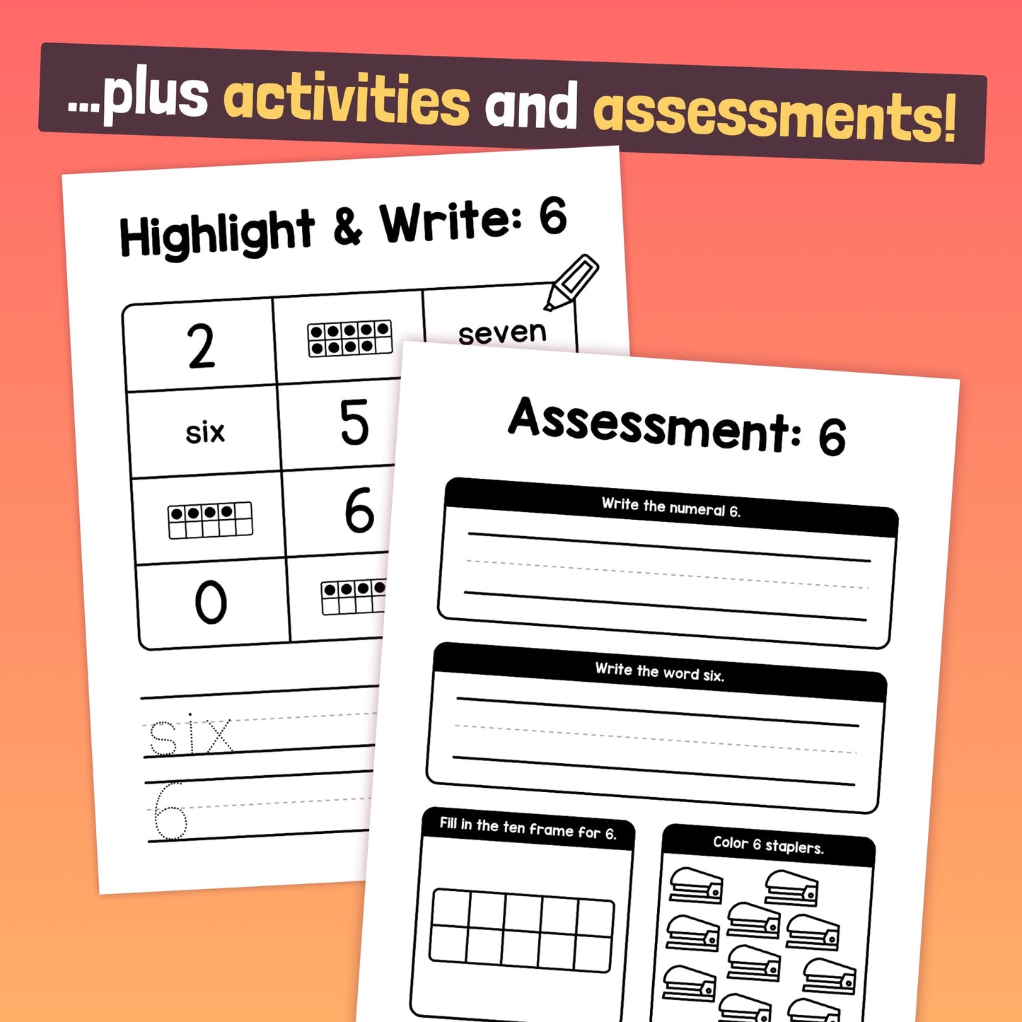 Two worksheets from a Kindergarten Numbers Unit with number six activities and assessments.