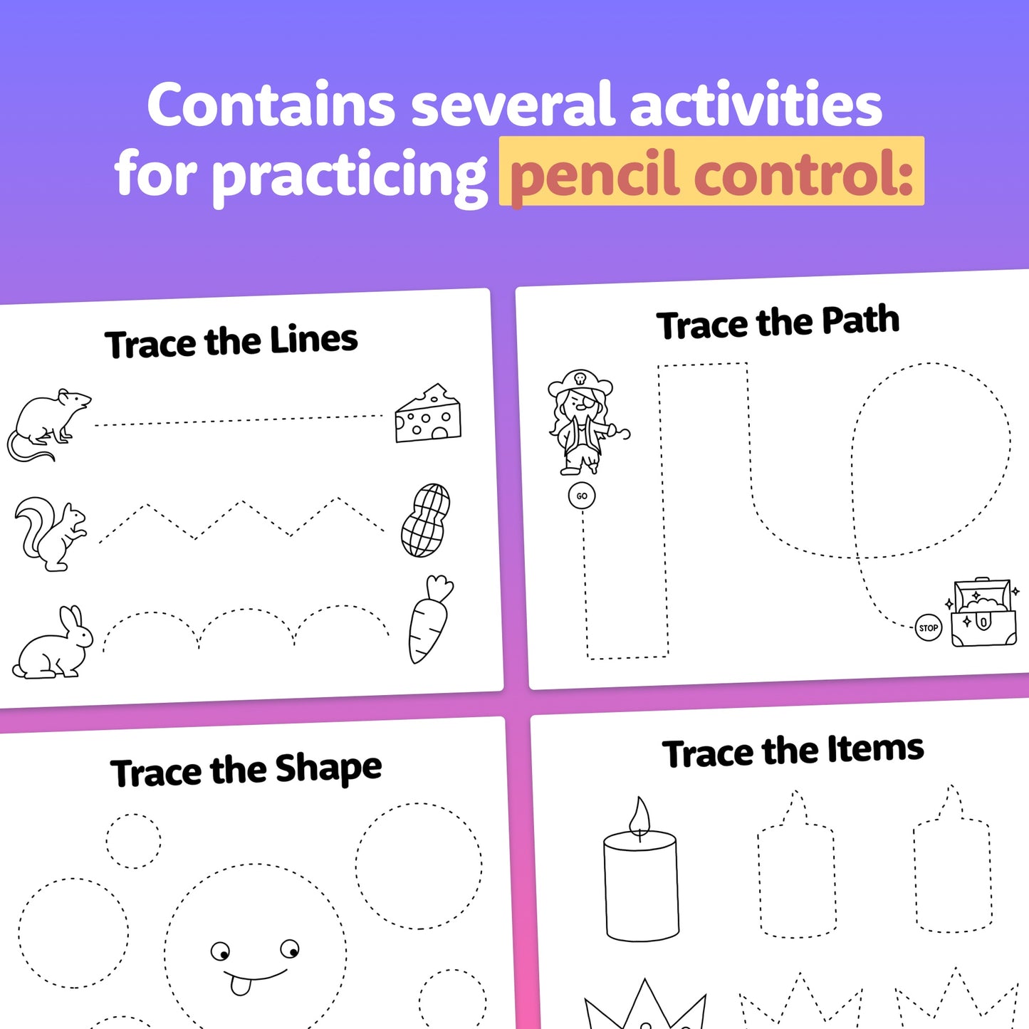 Pre-writing worksheets with tracing lines, paths, shapes, and items for pencil control.