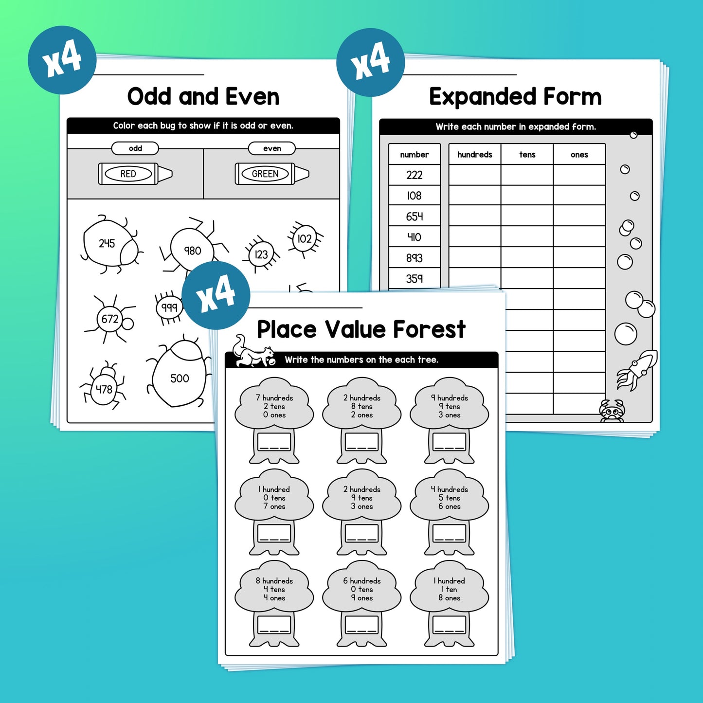 Three math worksheets titled Odd and Even, Expanded Form, and Place Value Forest.