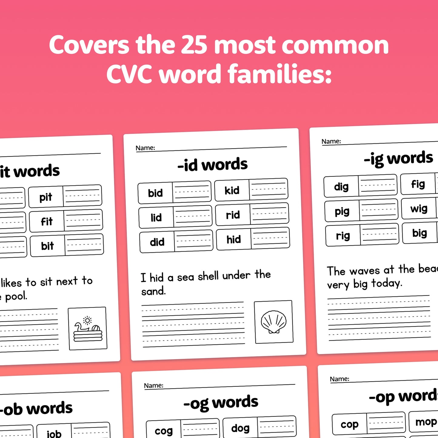 Worksheets with 25 most common CVC word families and a header.
