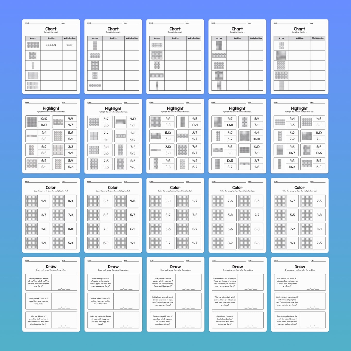 Black and white multiplication array worksheets with math problems.