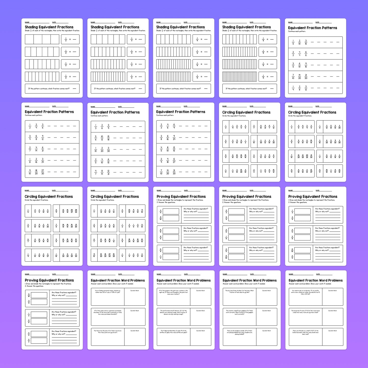 No prep equivalent fractions printable PDF