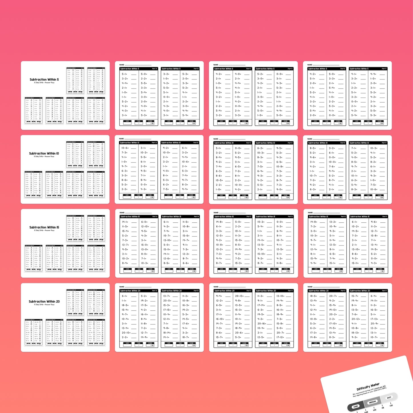 Minute Subtraction Drills worksheets arranged in a grid with scattered flashcards.