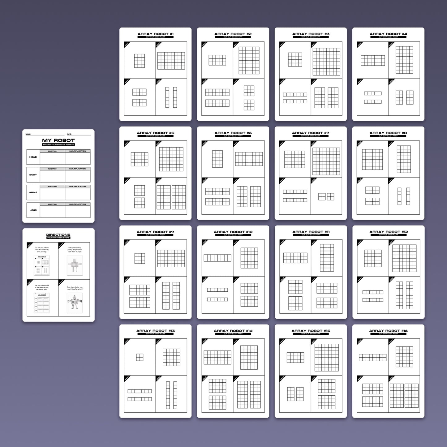 Grayscale cards with diverse grid patterns and instructions for robot design.