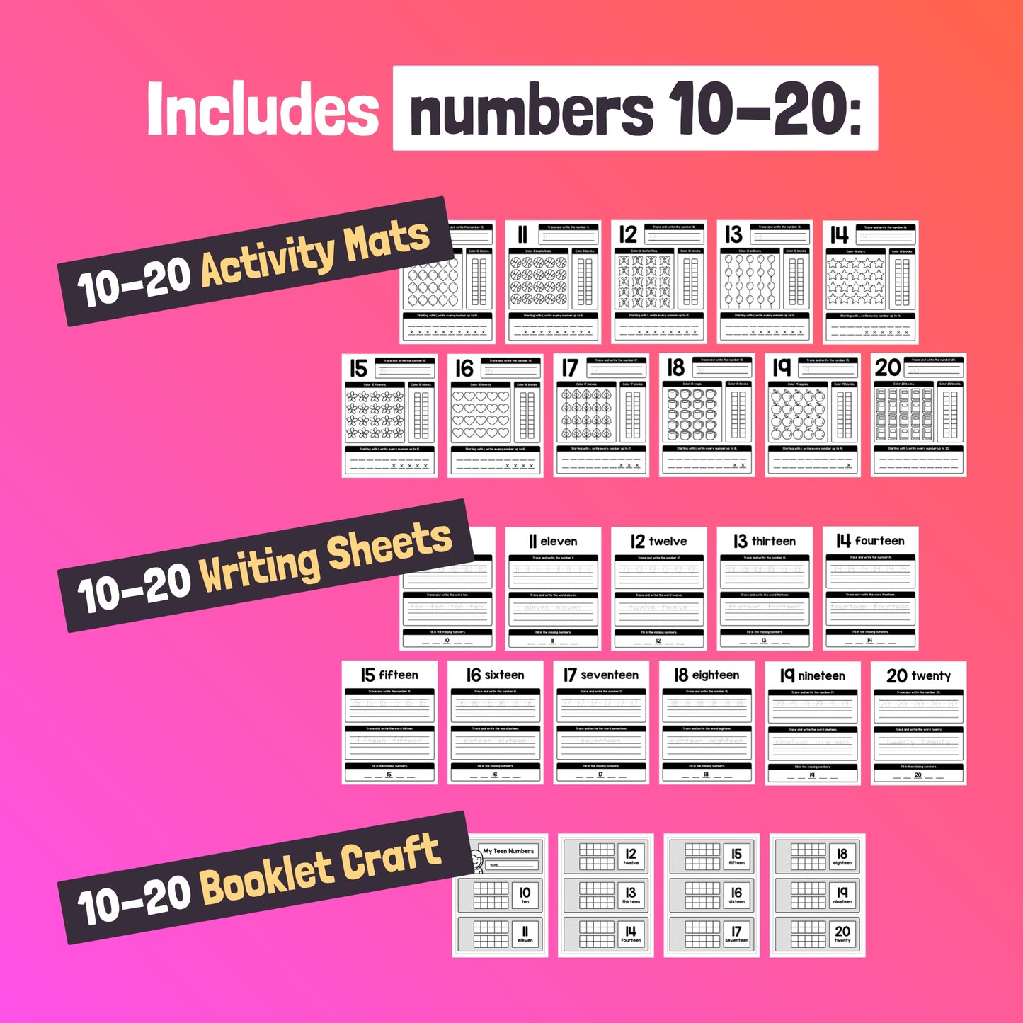 Worksheets and activity mats for learning numbers 10 to 20.