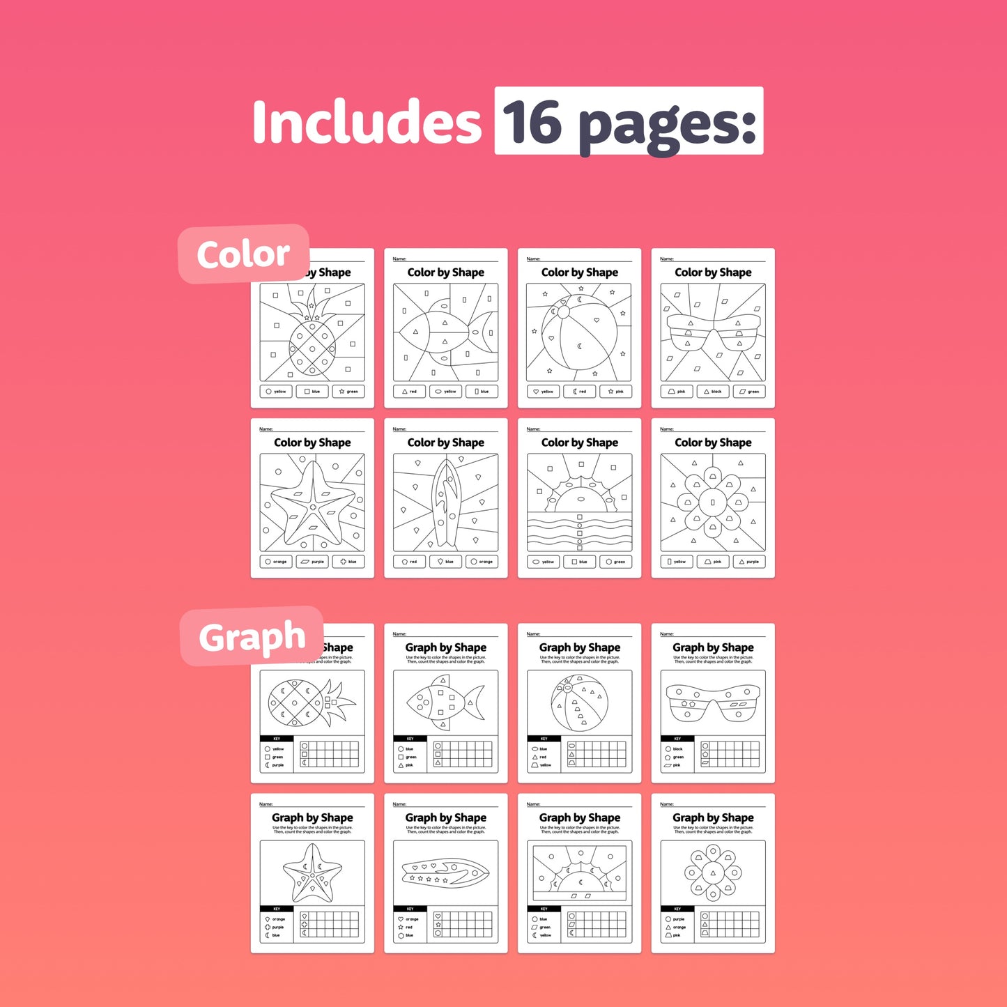 16-page set with color-by-shape and graph-by-shape activities.