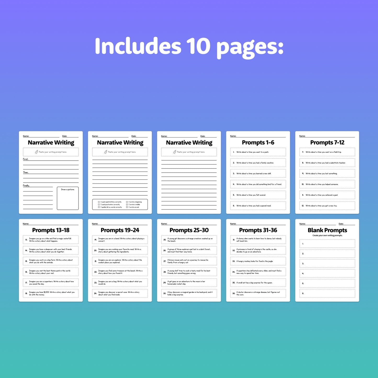 Ten pages of narrative writing prompts.