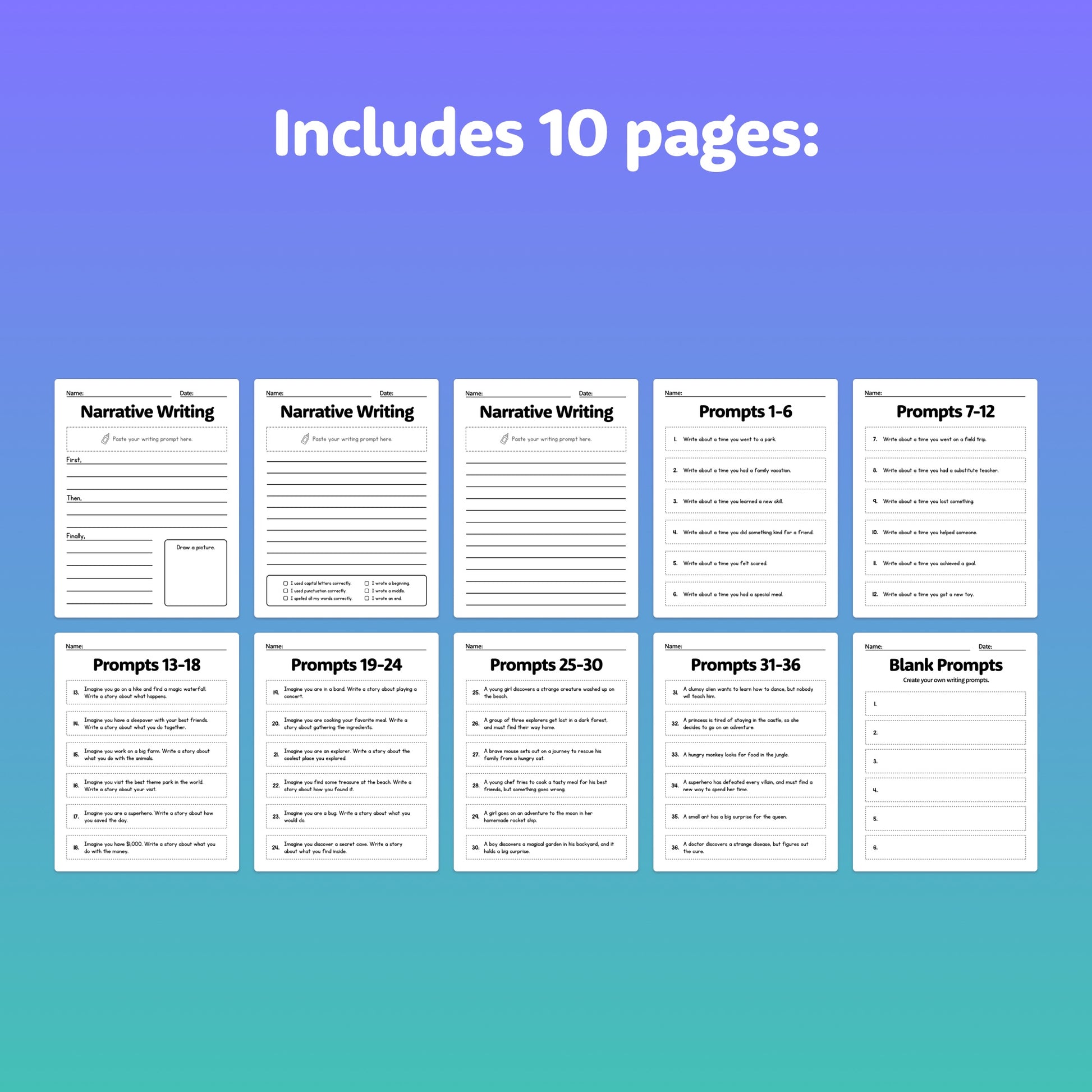 Ten pages of narrative writing prompts.