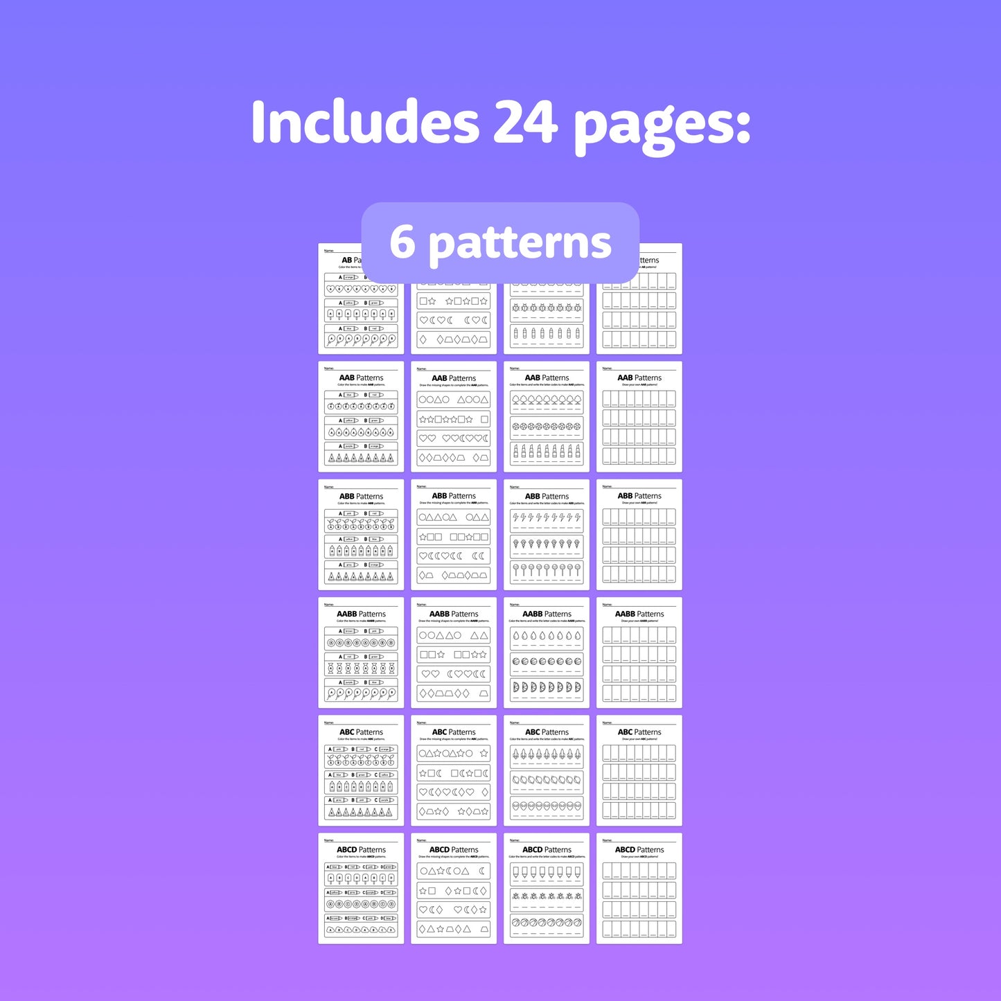 Document titled "Patterns Worksheets" with 24 pages showing 6 different patterns.