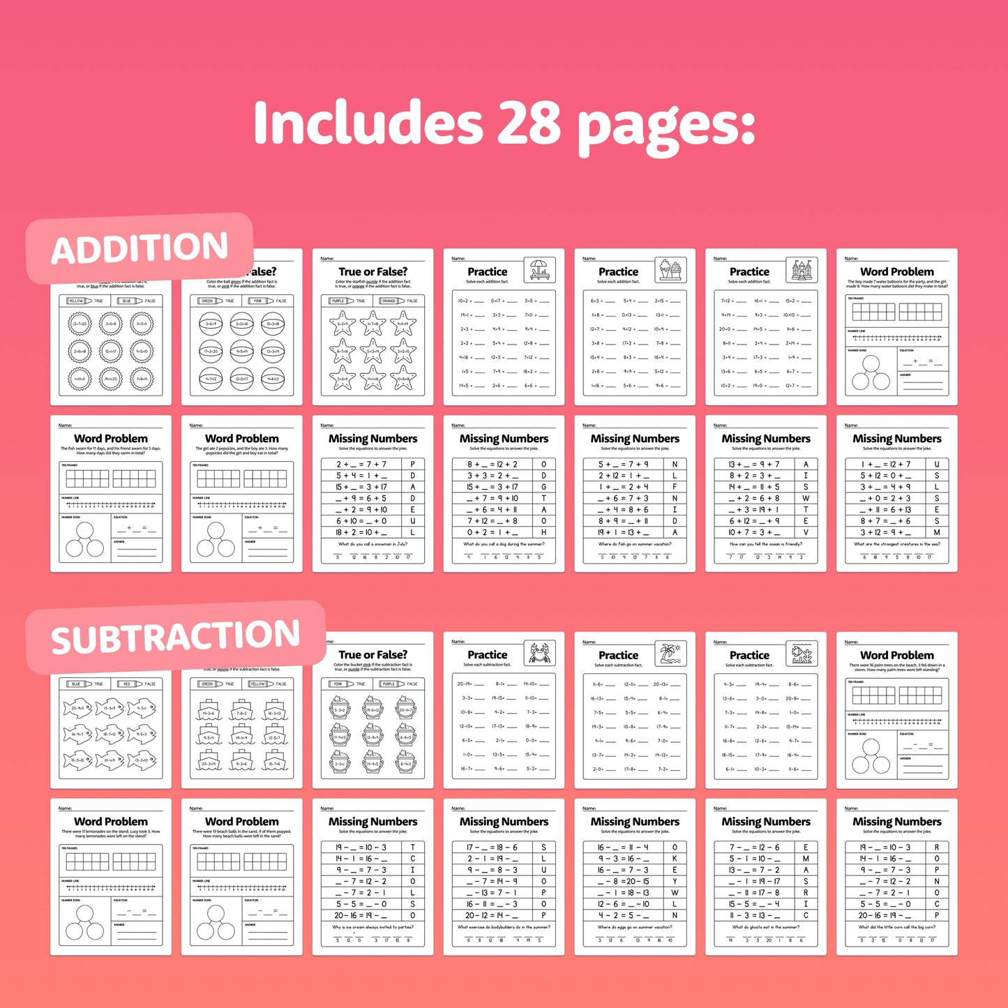 28 pages of addition and subtraction exercises to 20.