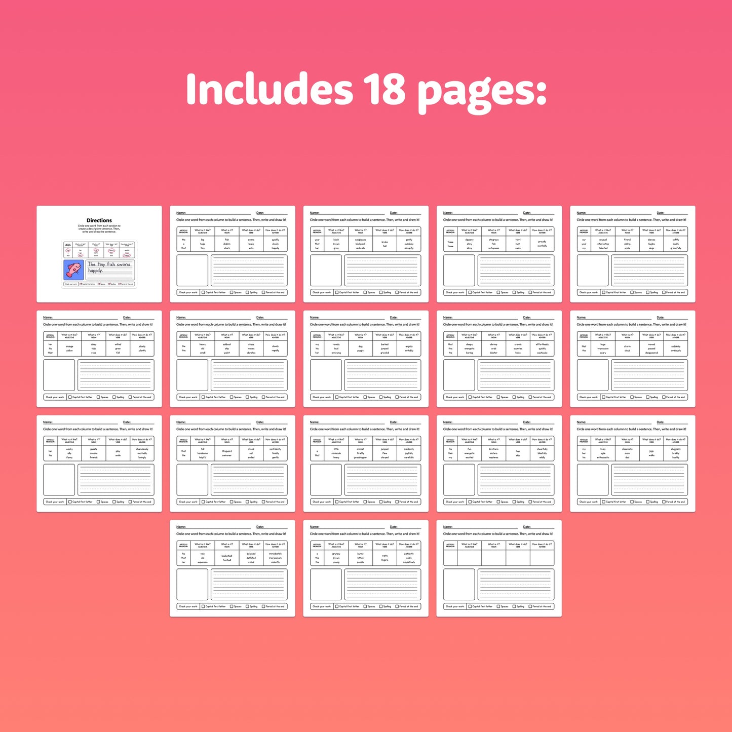 18 worksheets for building sentences with a summer theme. Text: "Includes 18 pages.