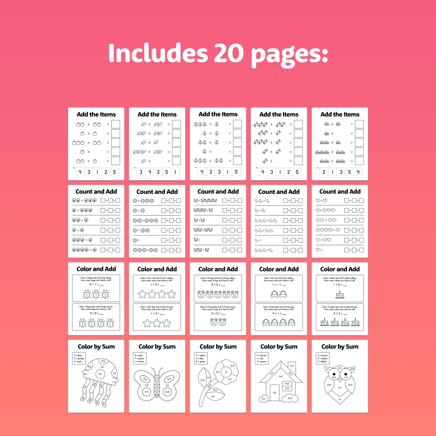 20-page PDF with counting, adding, and coloring activities within 5.