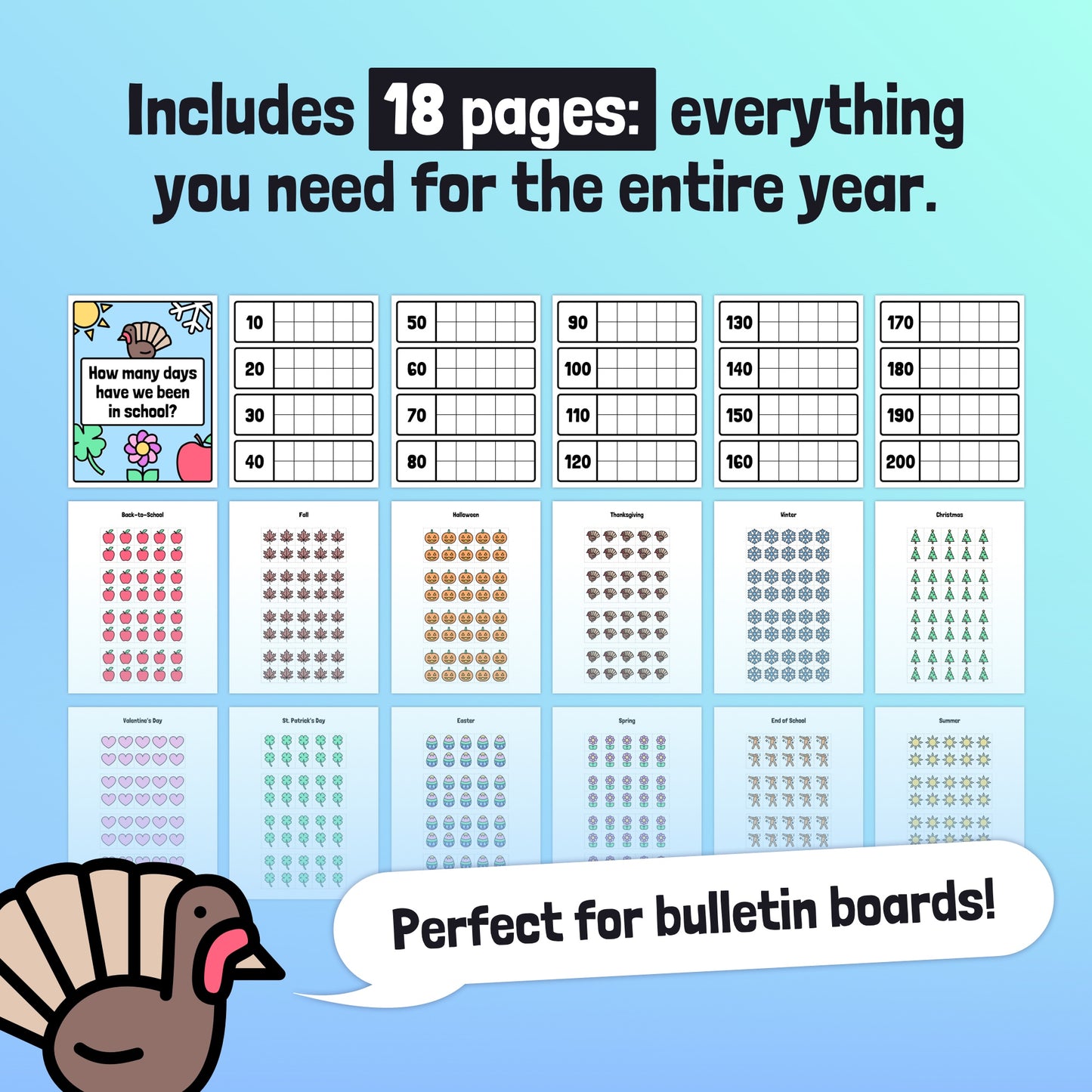 Ten Frame Calendar pages with numbers and icons for school year countdown.