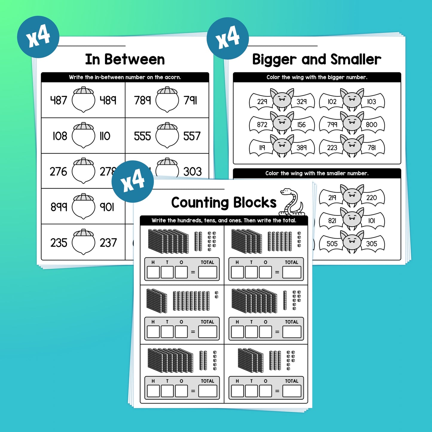 Three math worksheets: In Between, Bigger and Smaller, Counting Blocks.