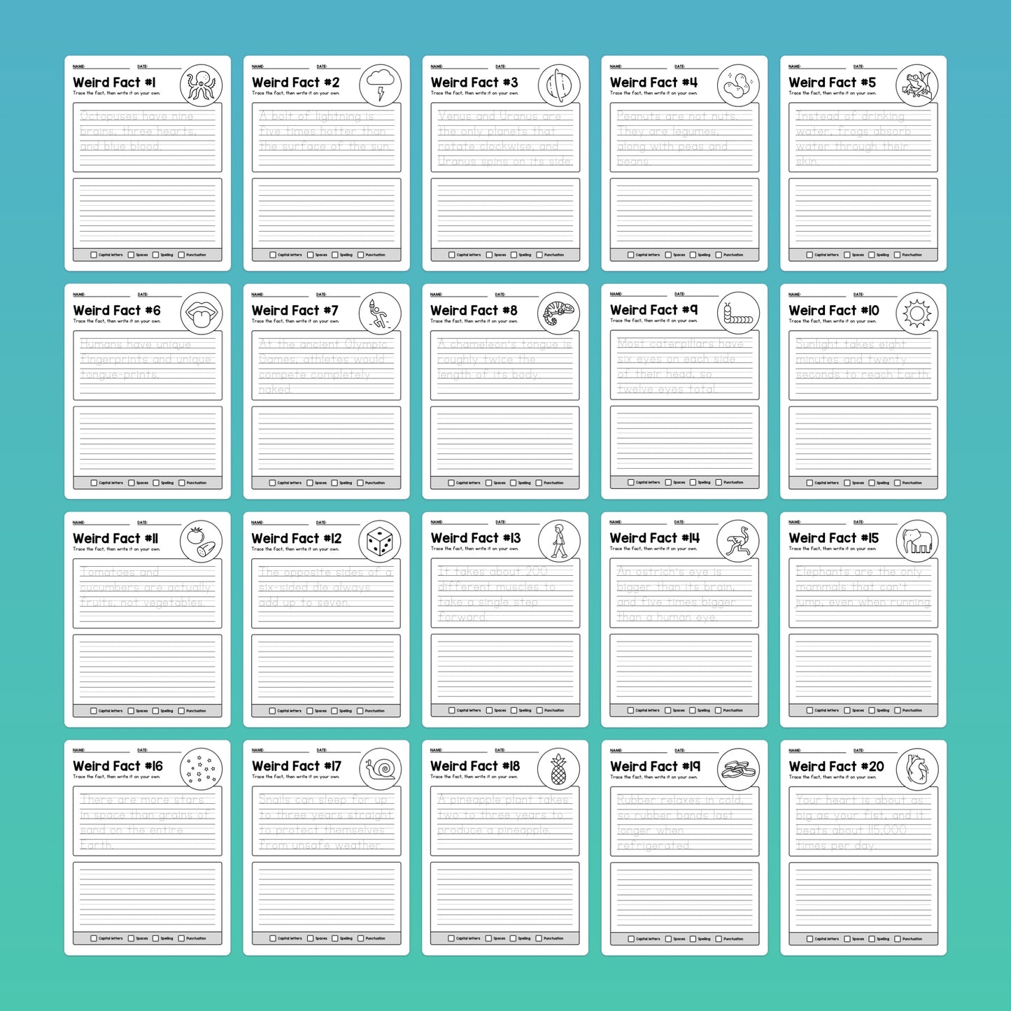 Grid of 20 handwriting worksheets with illustrations.