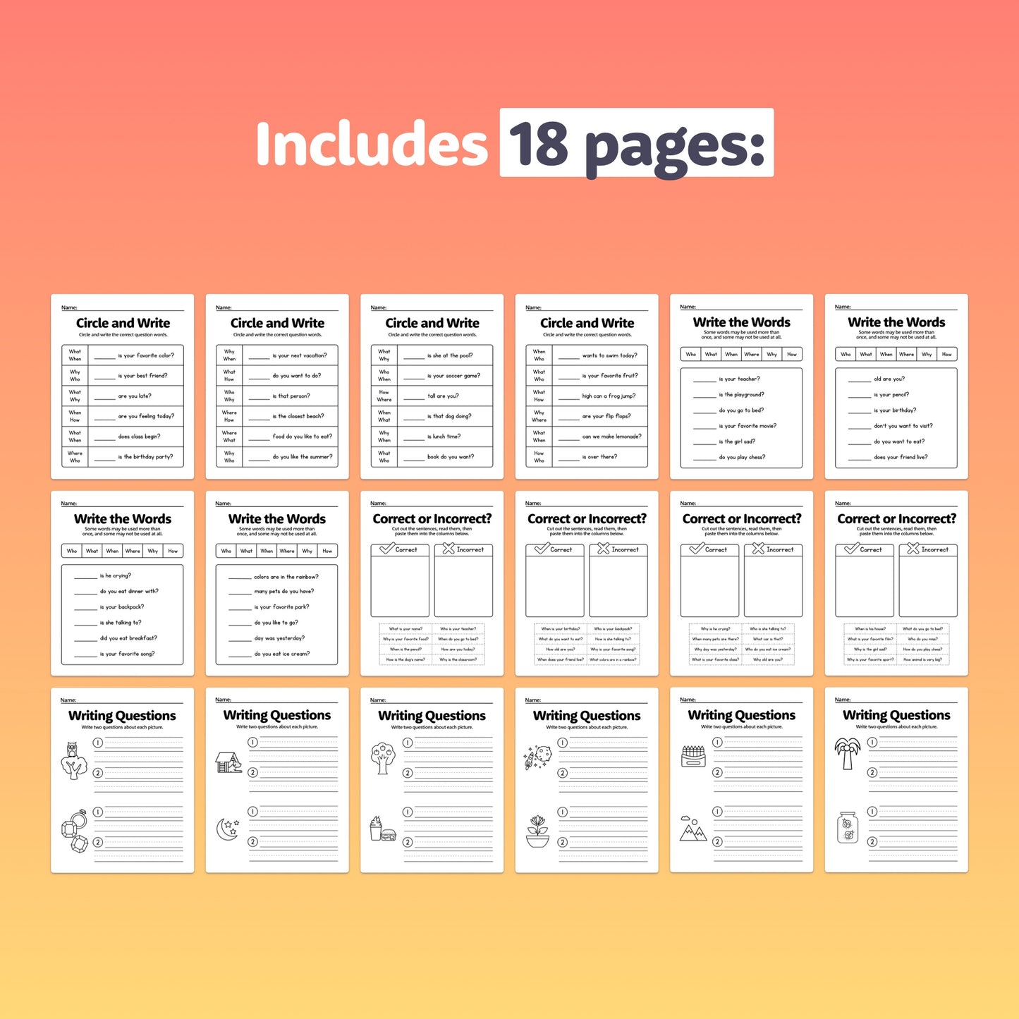 Set of 18 worksheets focused on question words for grammar and writing practice.