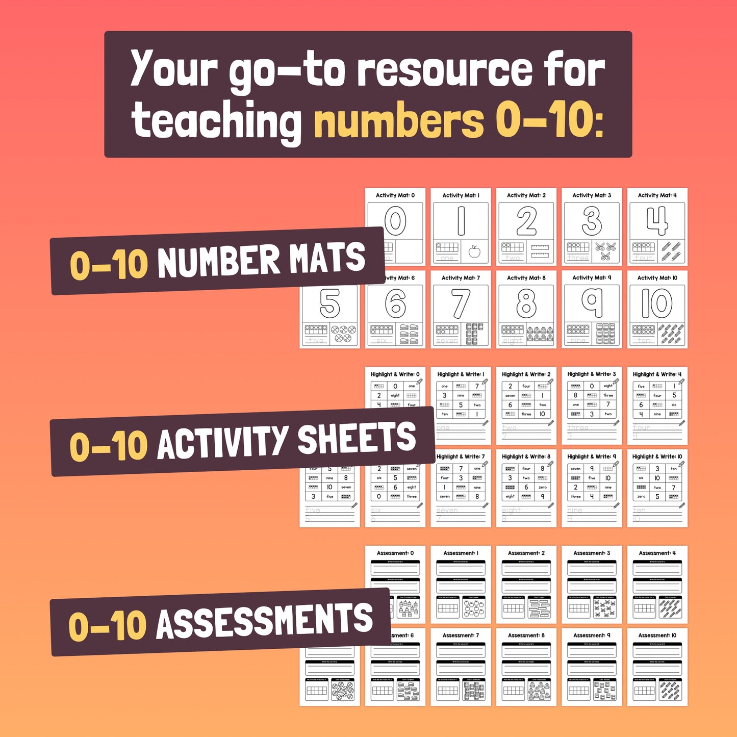 Kindergarten numbers unit includes mats, sheets, and assessments for teaching 0-10.