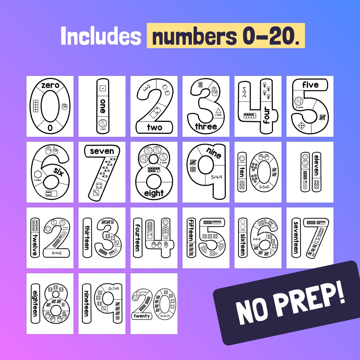 Numbers 0-20 Anchor Charts with text and engaging illustrations.