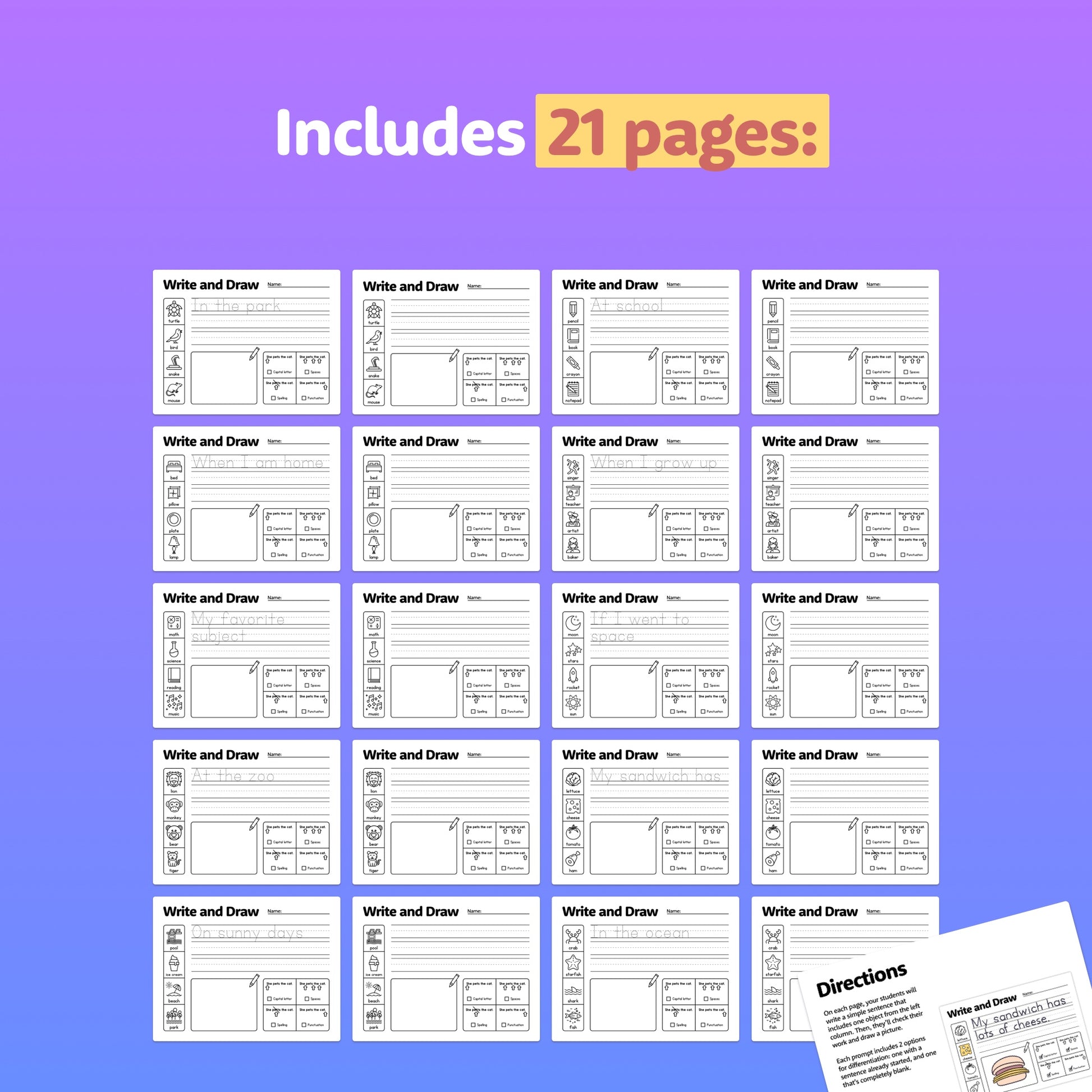Text: "Includes 21 pages" and previews of visual writing prompts worksheets.