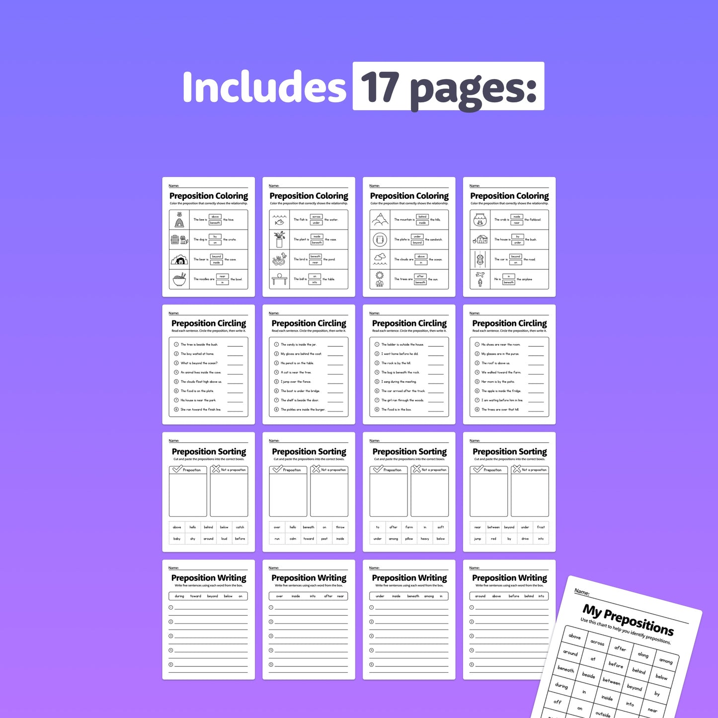 Preview of 17 worksheets teaching prepositions for children.