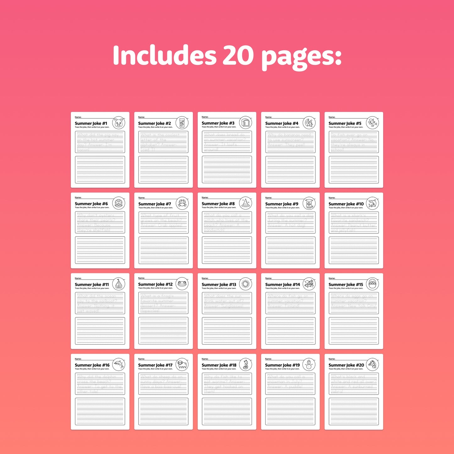 Set of 20 printable handwriting worksheets displayed.