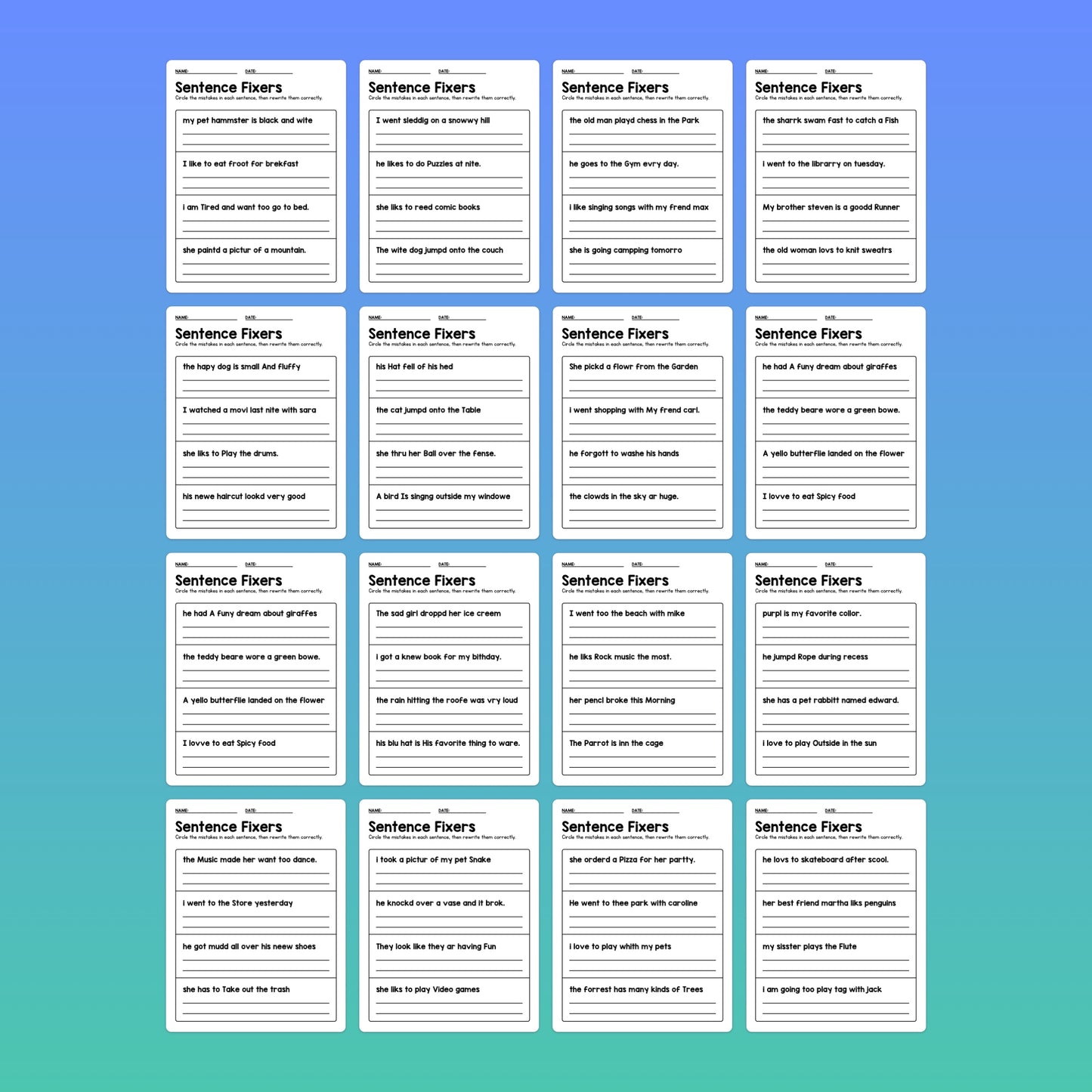 A grid of cards with sentences for correction titled "Sentence Fixer Worksheets.