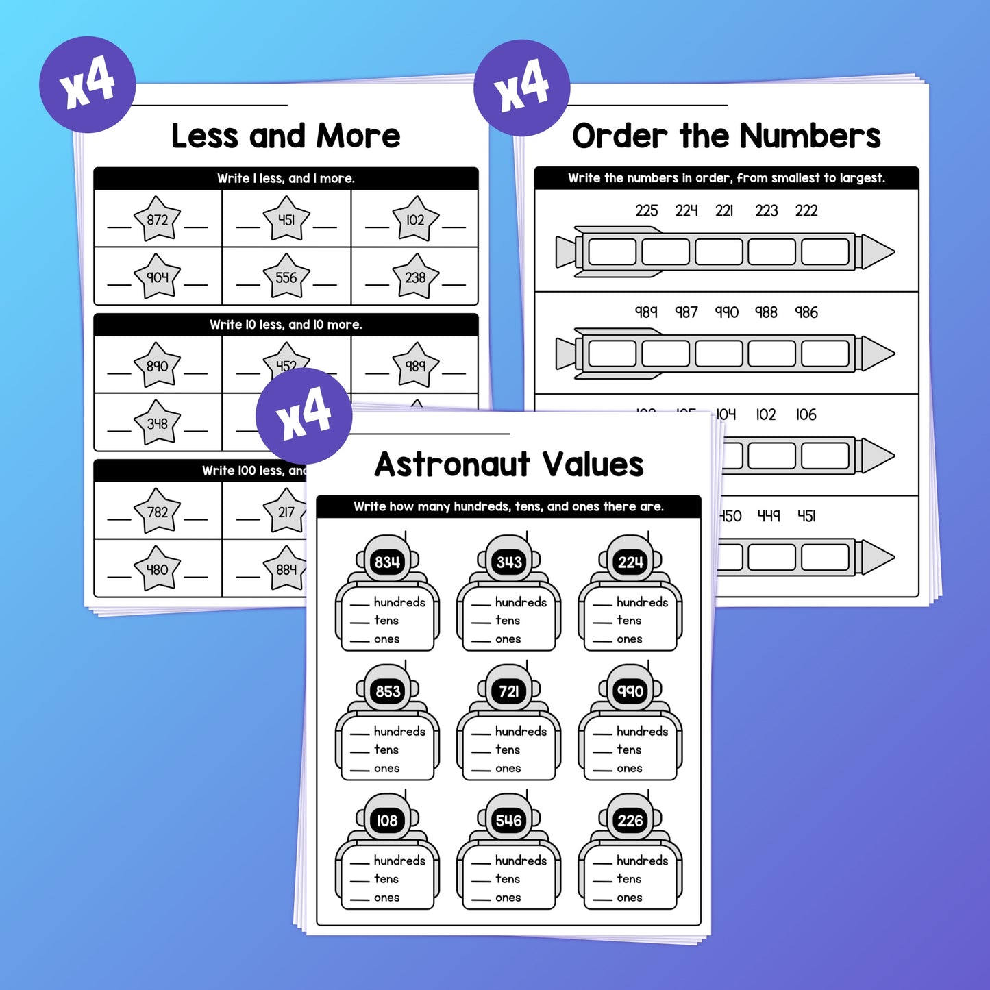 Four worksheets on place value with themes of Less and More, Order the Numbers, Astronaut Values.