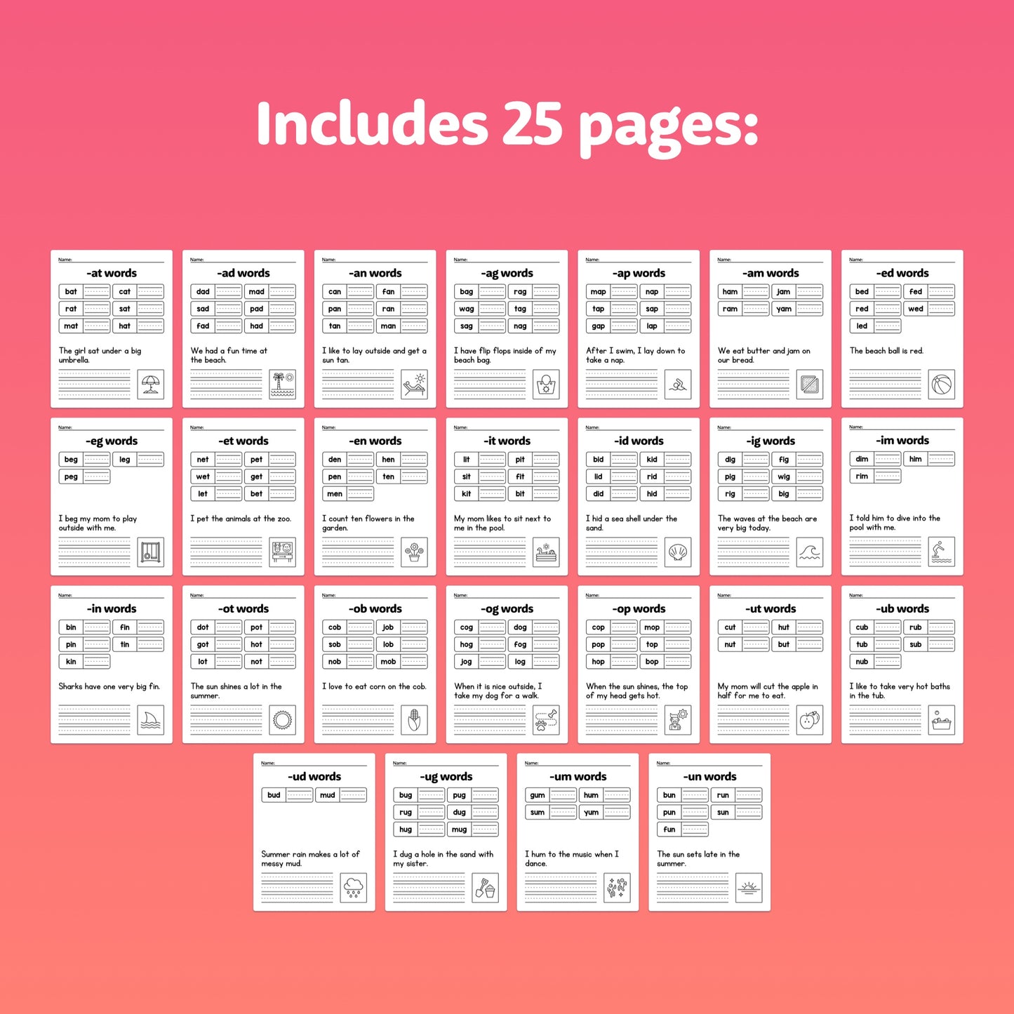 Preview of a 25-page workbook for learning CVC words with -at, -et, and -ip patterns.