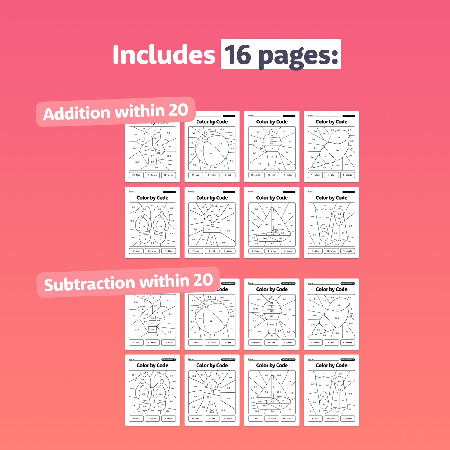 Summer-themed color-by-code worksheet with 16 pages of addition and subtraction tasks.