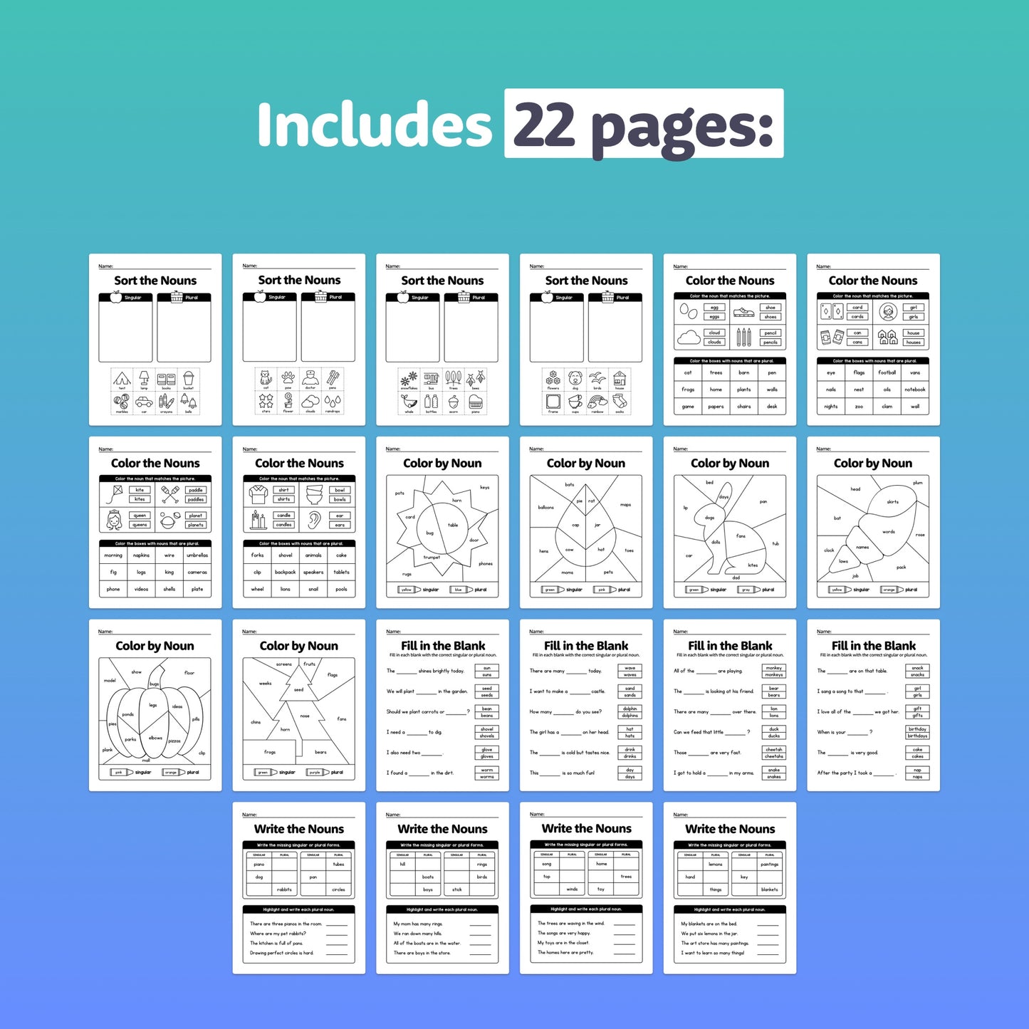 Preview of 22-page PDF with singular and plural noun worksheets.
