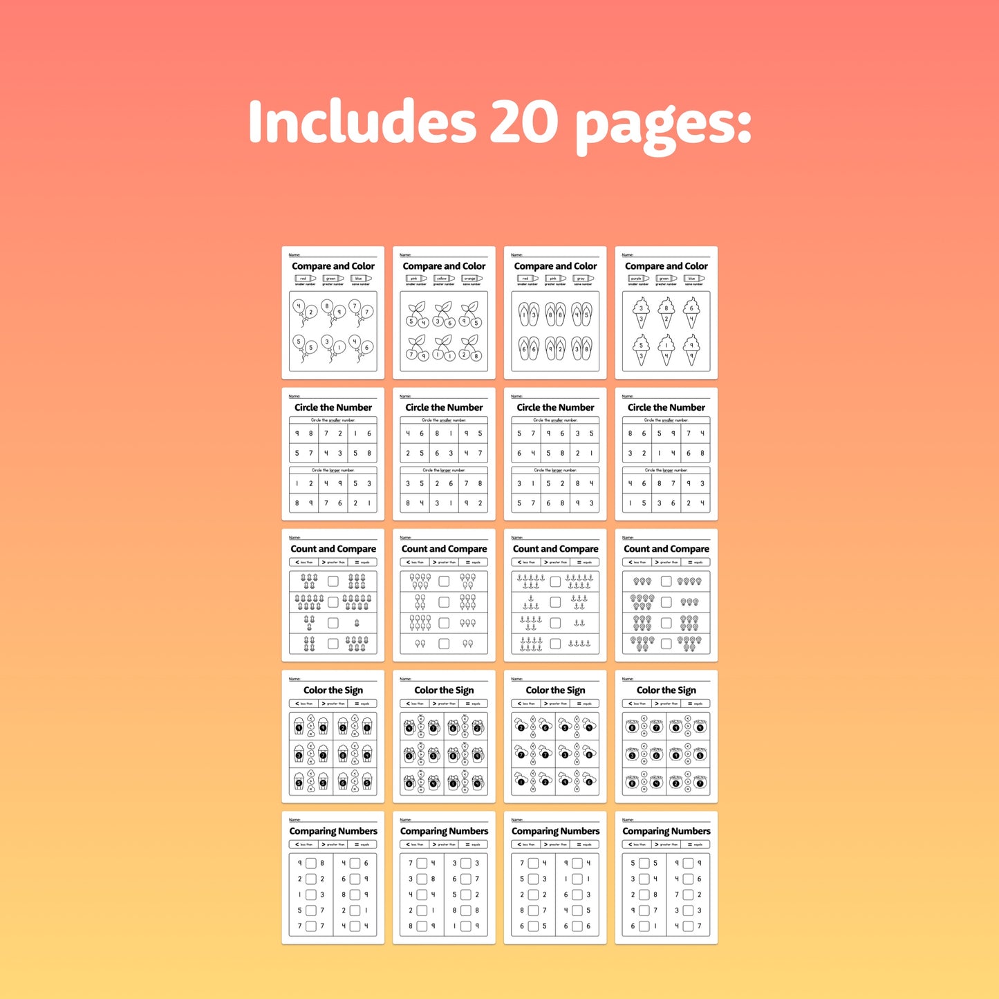 Differentiated comparing numbers worksheets for kids